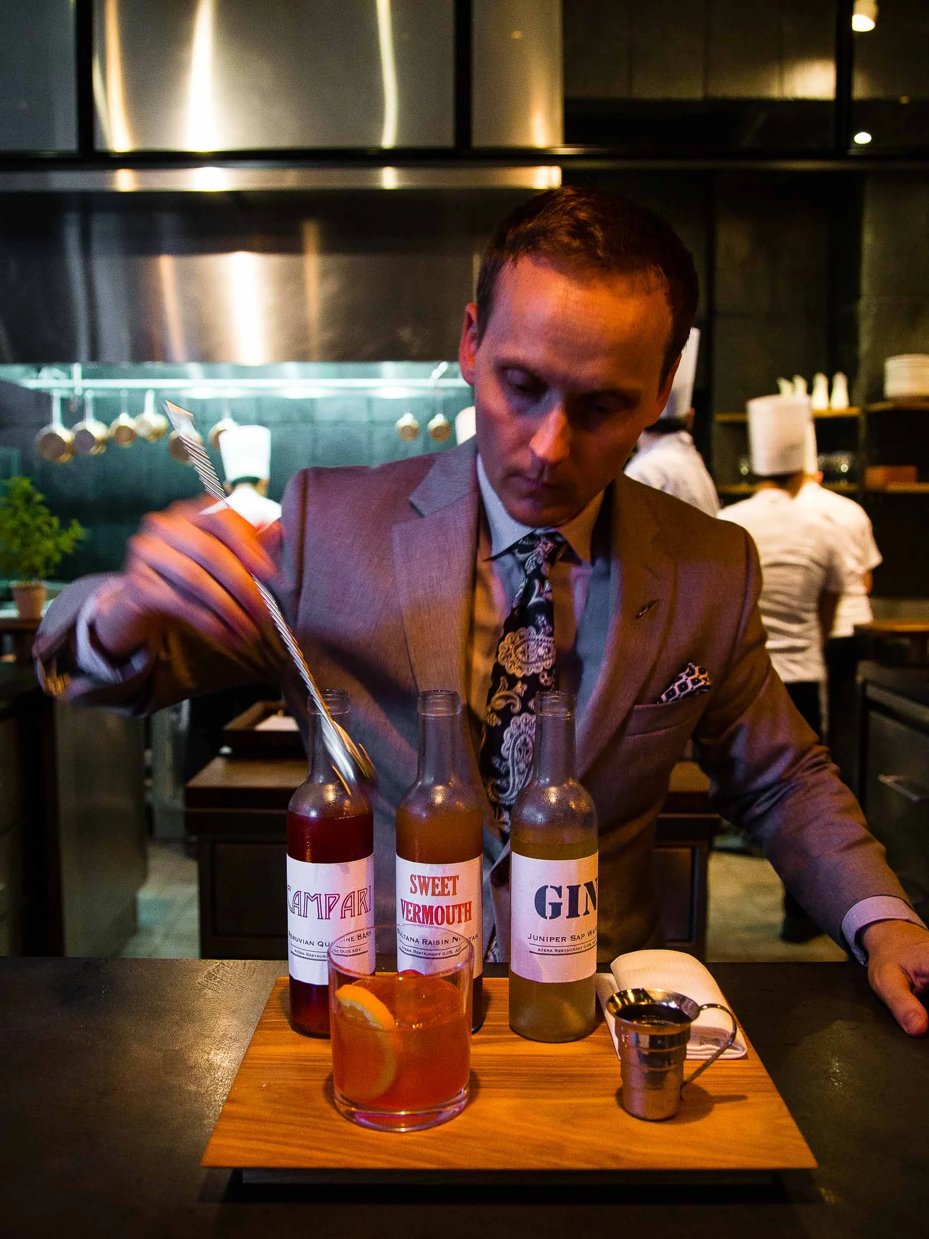 From the temperance pairing: and alcohol-free 'Nogroni' made of juniper sap 'gin', quinine 'campari', and sultana 'vermouth'
