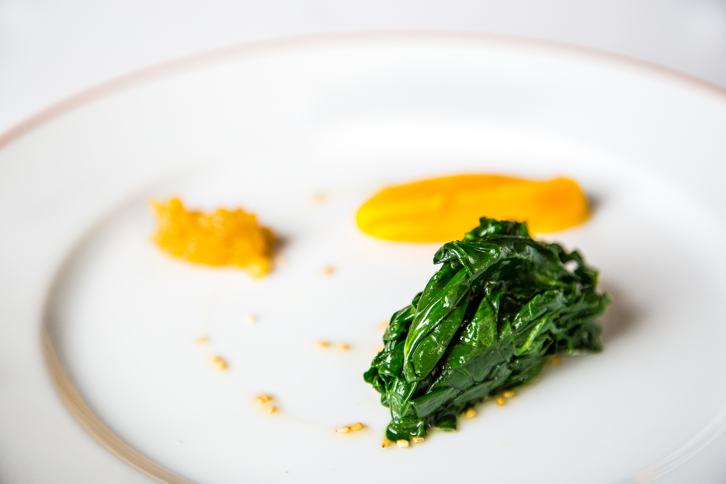 Spinach with Sesame, Carrot Mousseline, and Candied Lemon