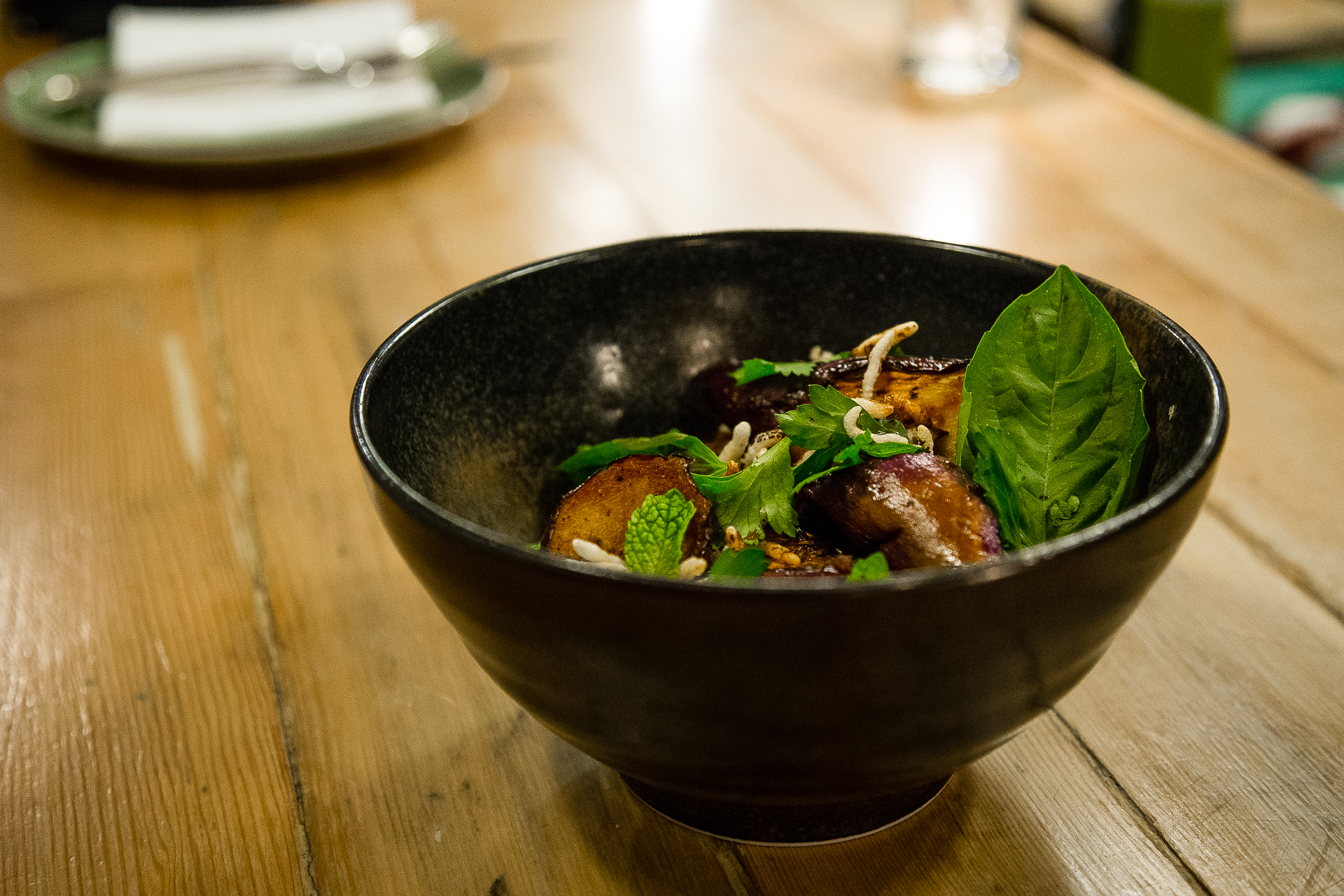  Seared Eggplant, Basil, Cayenne, Puffed Wild Rice 