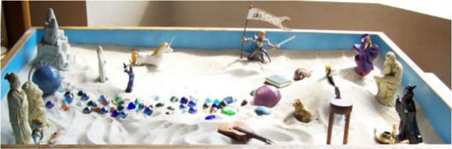 Sandtray titled "Recovering pieces of the lost self."