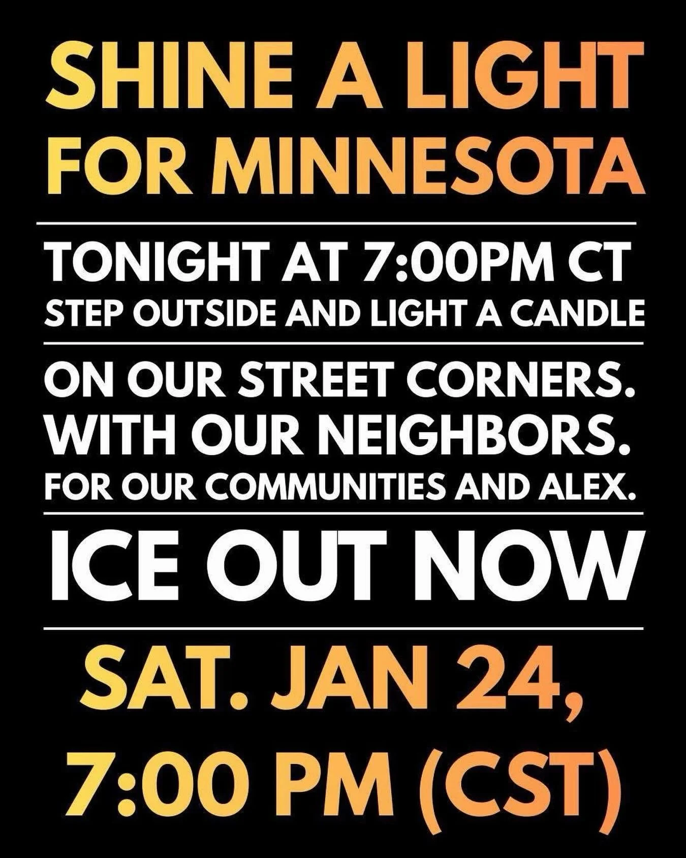 Vigil today for Alex Jeffrey Pretti, Renee Good, Victor Manuel Diaz and the countless number of relatives abducted and terrorized by 🧊 and the federal government.

Gathering at sundown at Indigenous Roots.

Building will be used as a warming station