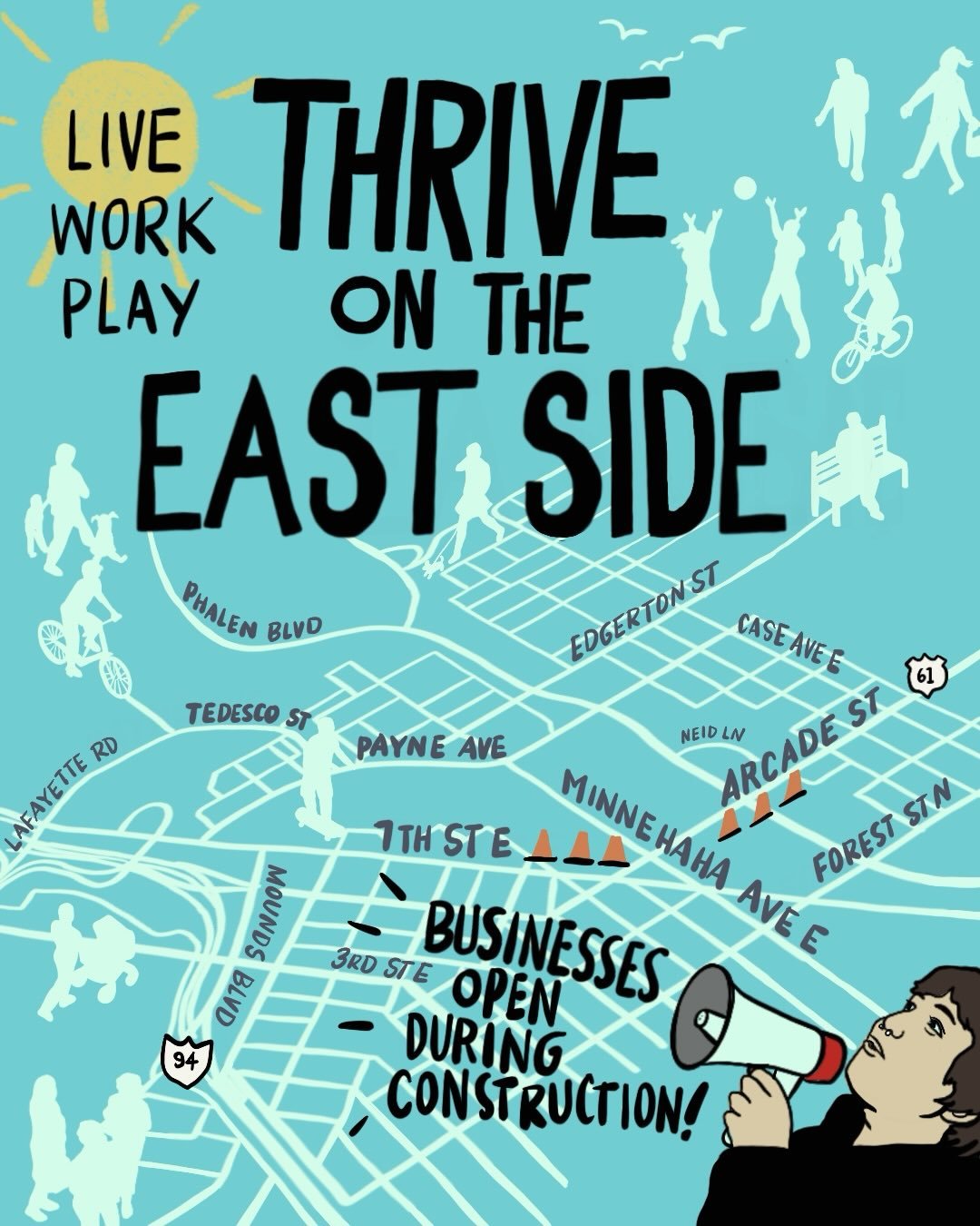 Yes we are open! Construction for East 7th St. and Arcade St. started on Monday April 6 and will go until late October. East 7th St. is reduced to one lane in both directions between Arcade St. and Mounds Blvd. 

Stay up to date on the construction t
