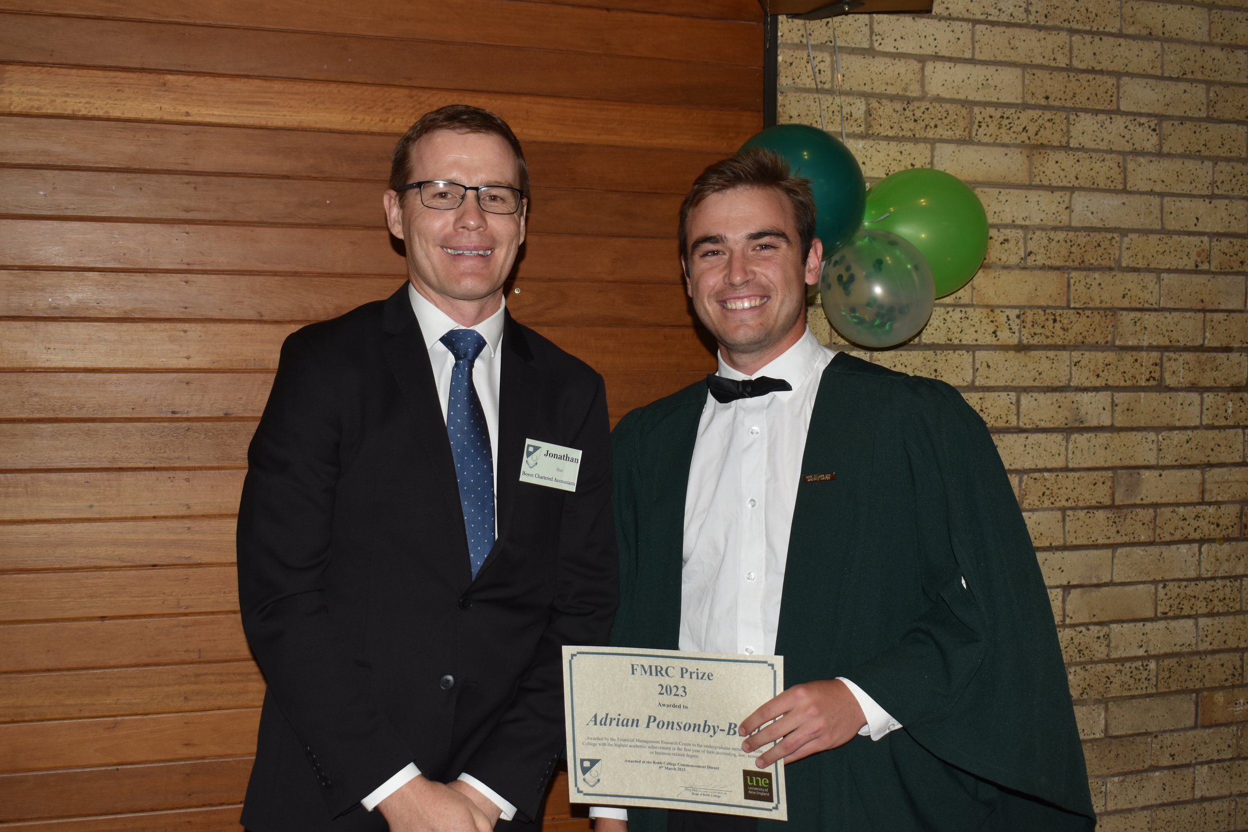 Jonathan Hart Director of Boyce Accountants presents FMRC Prize for academic excellence in 1st year Accounting/Law/Business/Economics to Adrian Ponsonby-Burl B. Agri-Business.