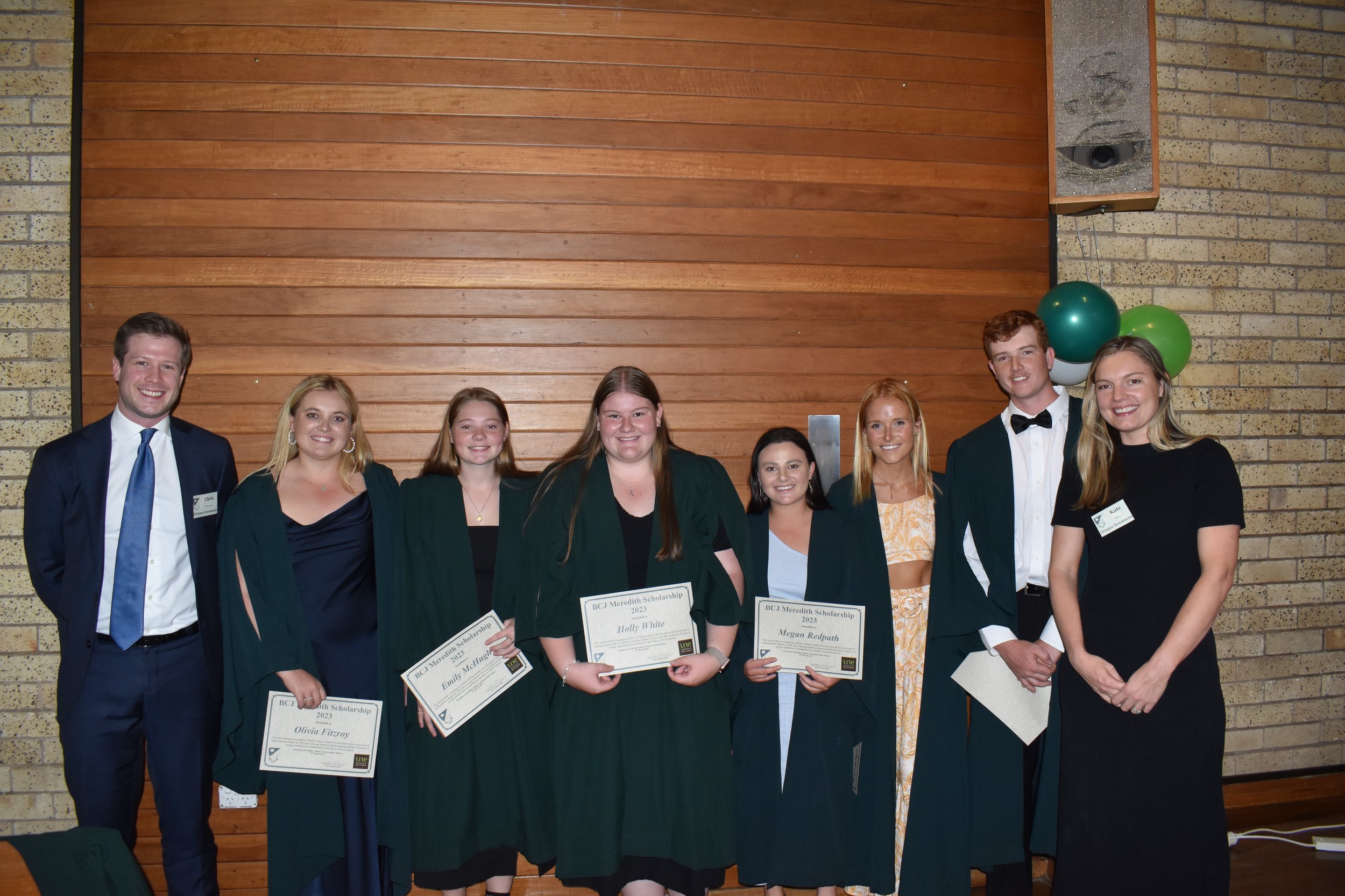 BCJ Meredith 1st Year scholarship presented by Kate McClure & Chris Rasmussen from Octopus Investments to Olivia Fitzroy, Emily McHugh, Megan Redpath, Holly White, Sigourney Berkery, Max Webber.