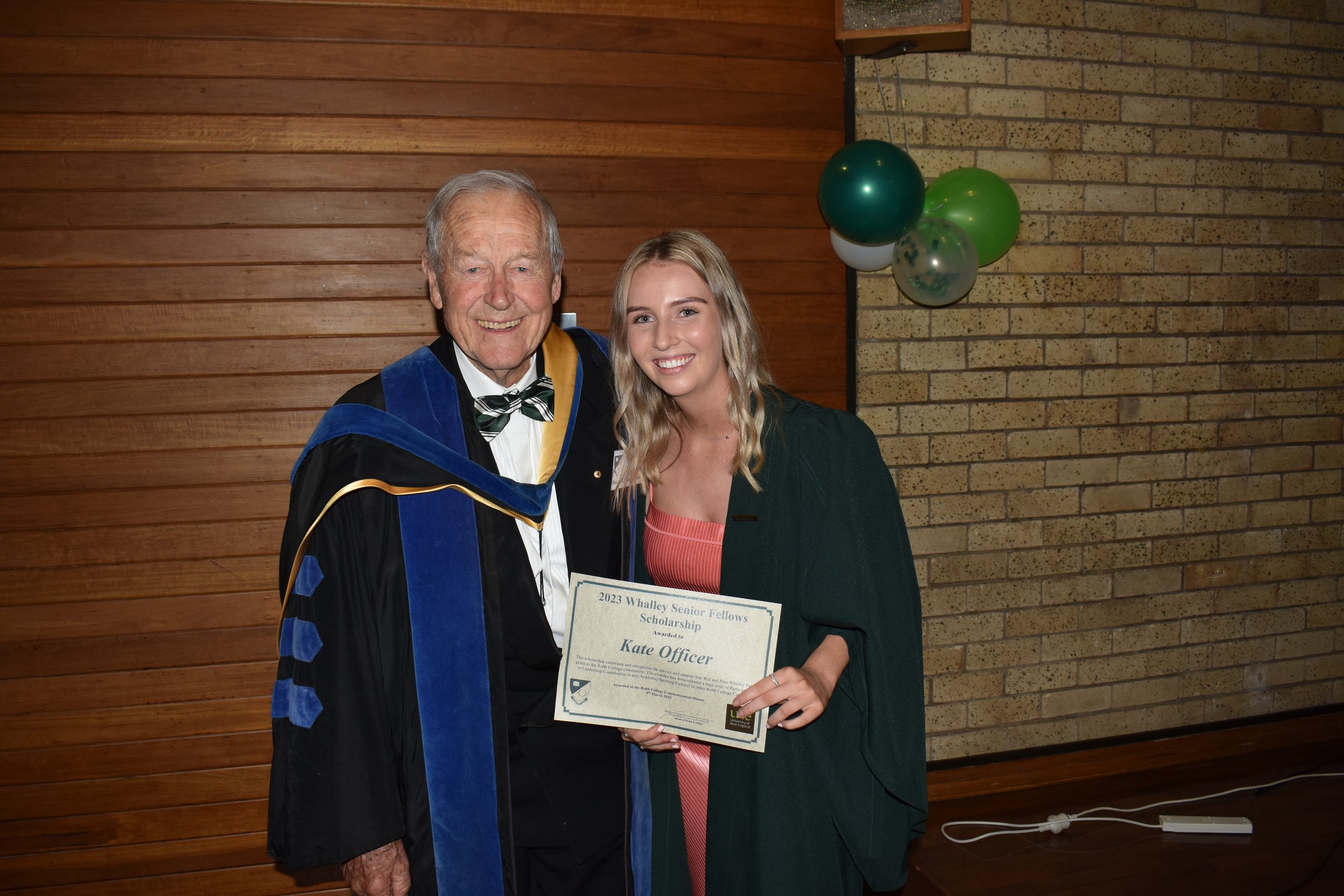 The Wal & Pam Whalley Senior Fellows Scholarship presented to Kate Officer B Agribusiness by Emeritus Prof Wal Whalley AO 	