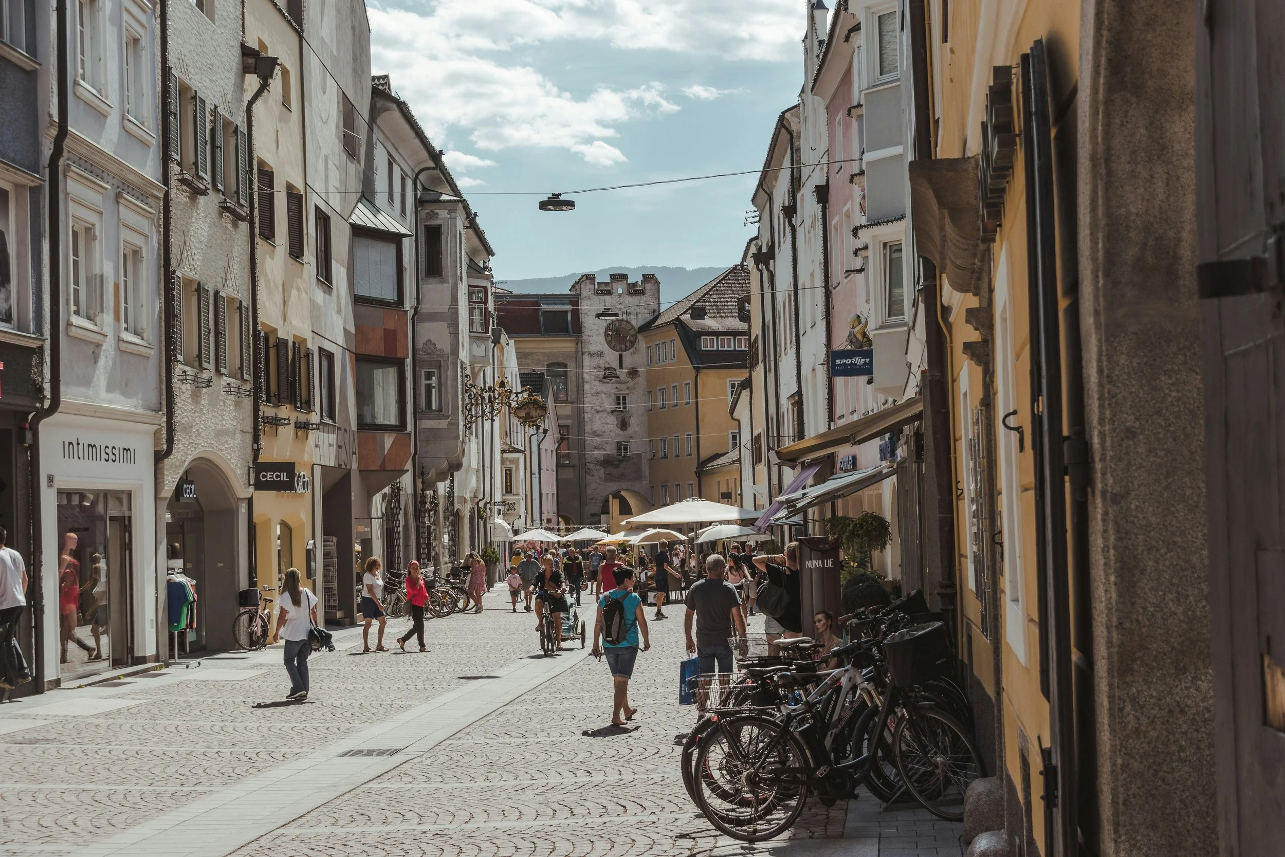 A main shopping street in Bruneck, South Tyrol