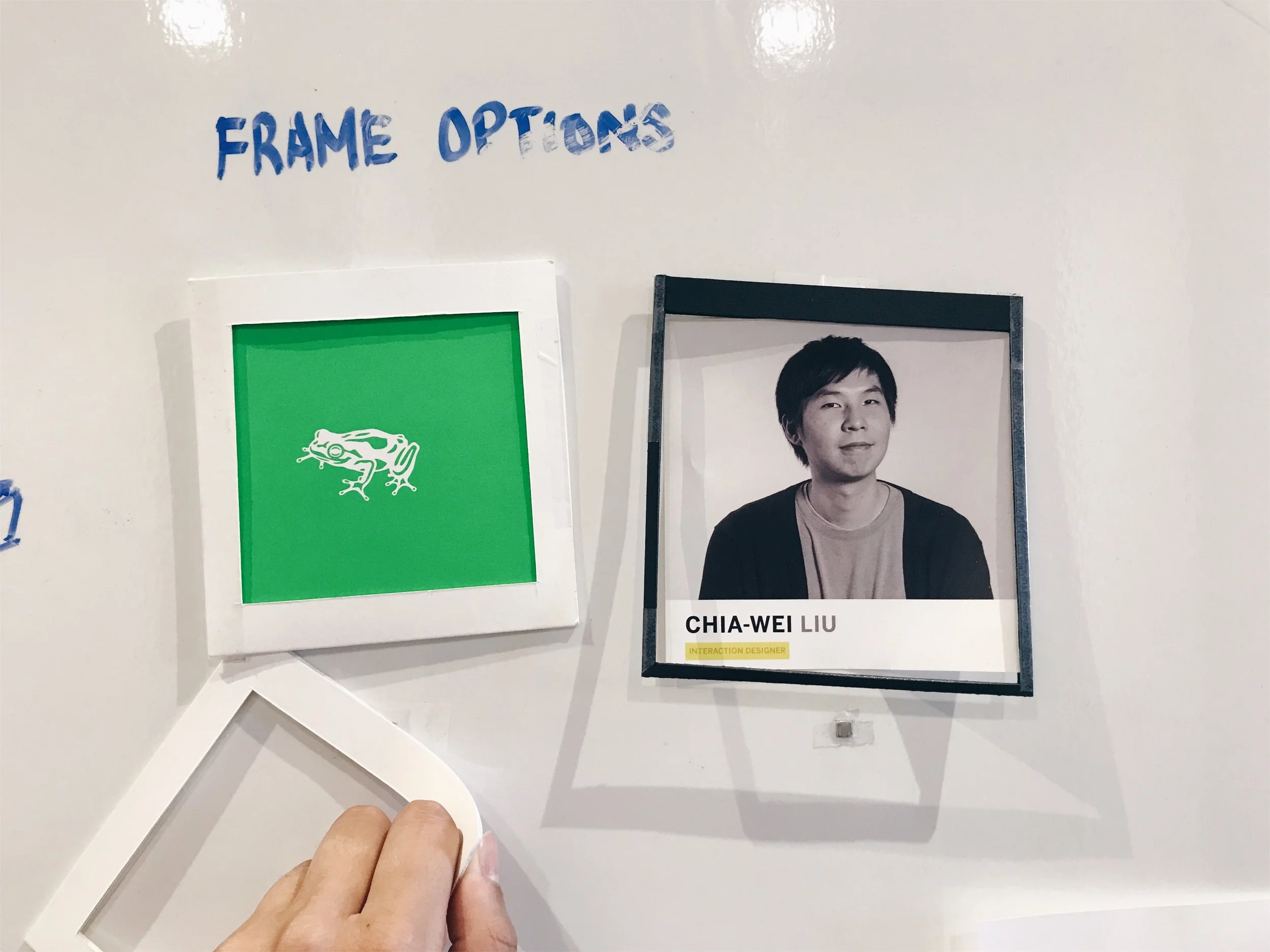 Collaborated with an Industrial Design intern to test different adhesive surfaces and magnets, and designed photo cards to capture the fun energy of the frog NY studio
