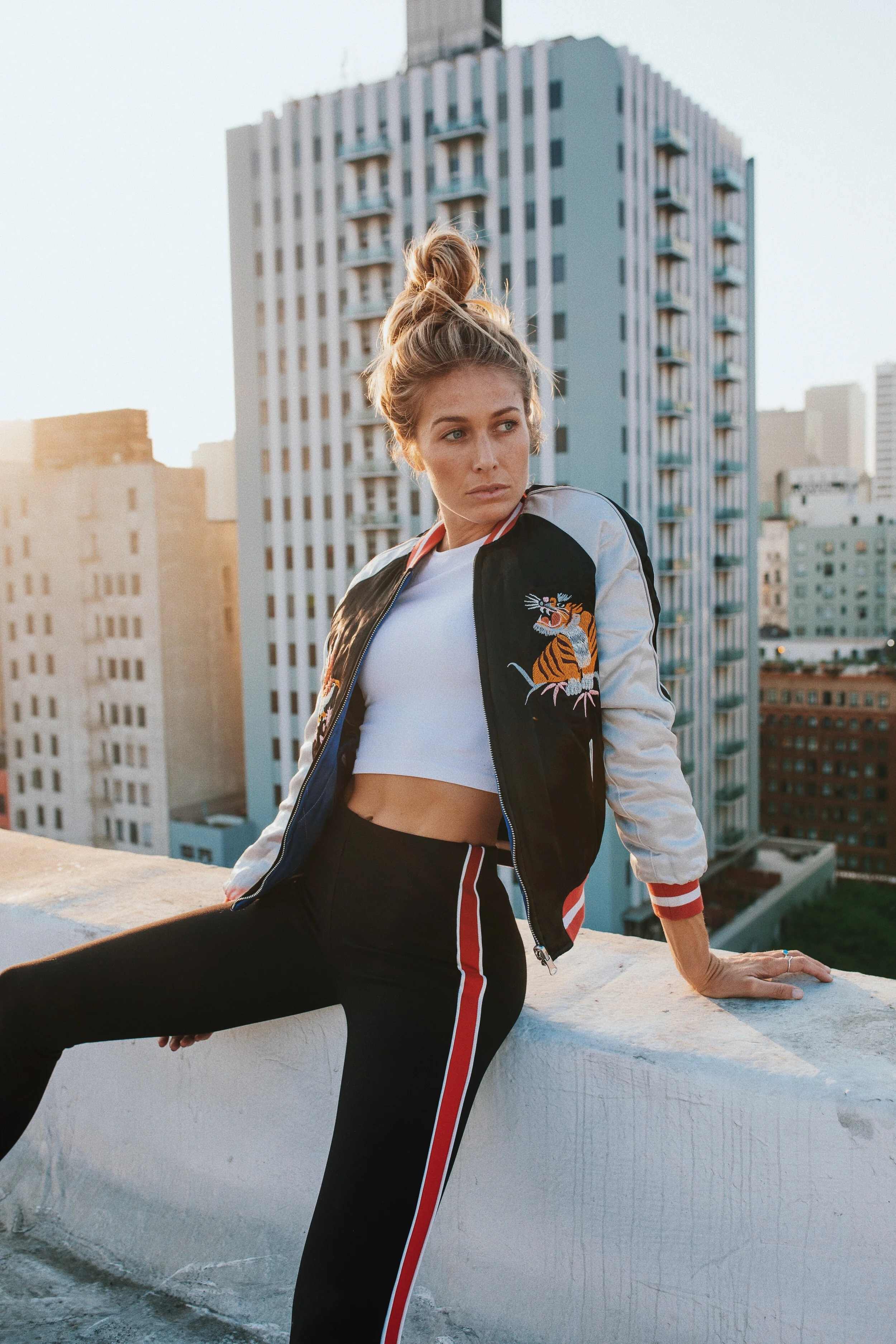 Reversible Bomber jacket from Topshop & Striped stretchy pants from Zara