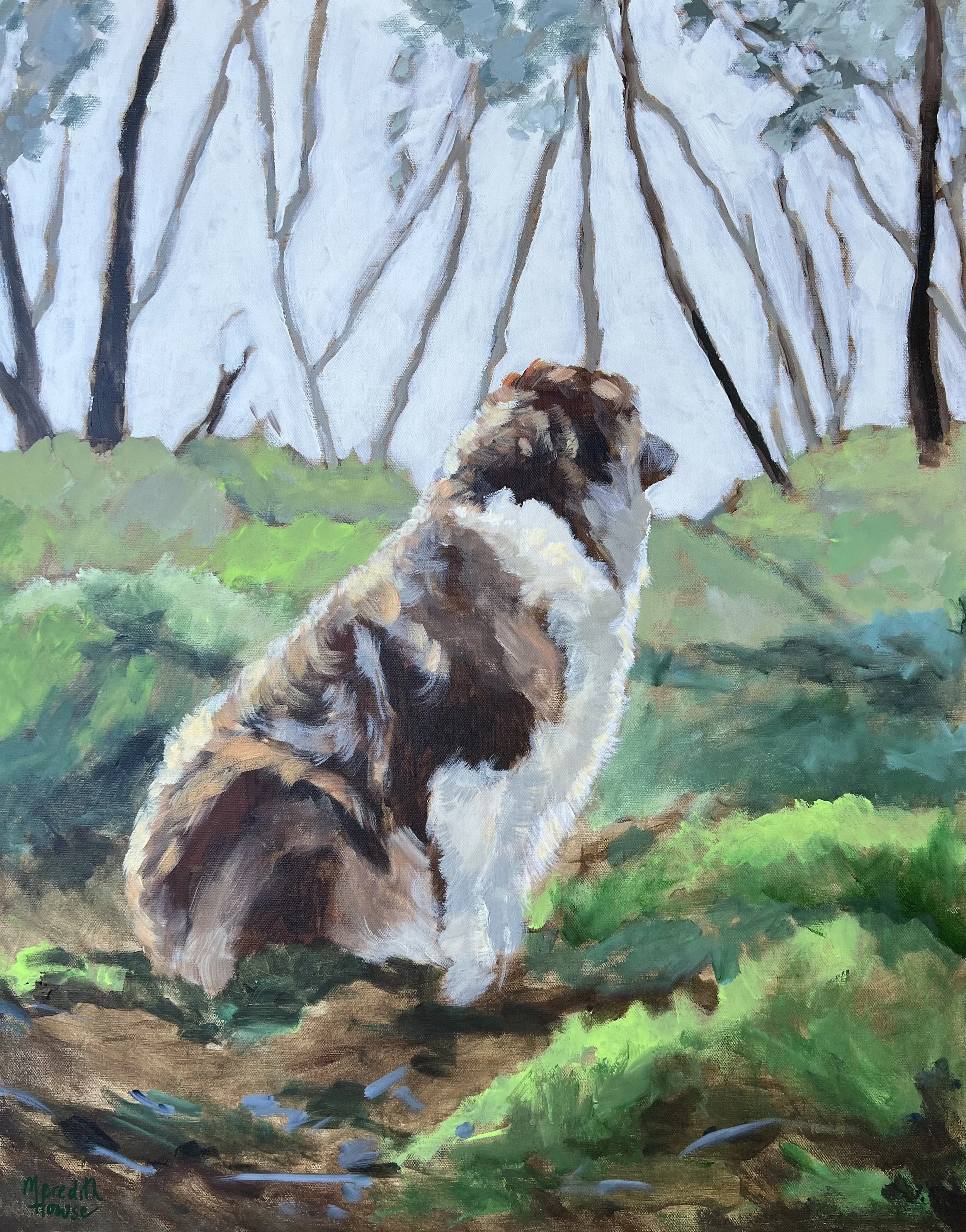 A painting of a dog sitting outdoors on green grass, facing away, with a background of leafless trees and a cloudy sky.