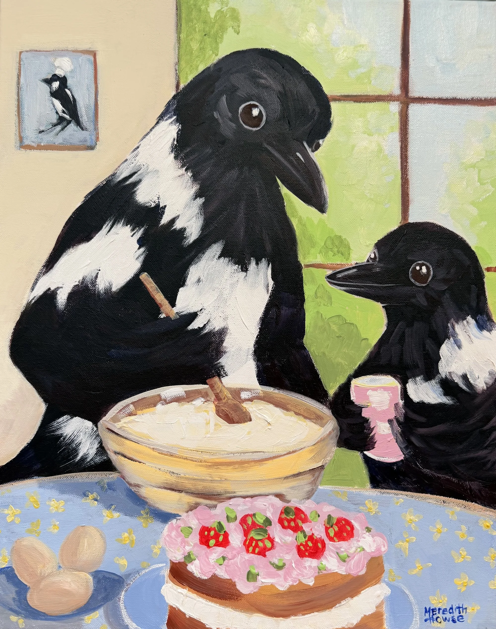 Two Magpies baking a cake.