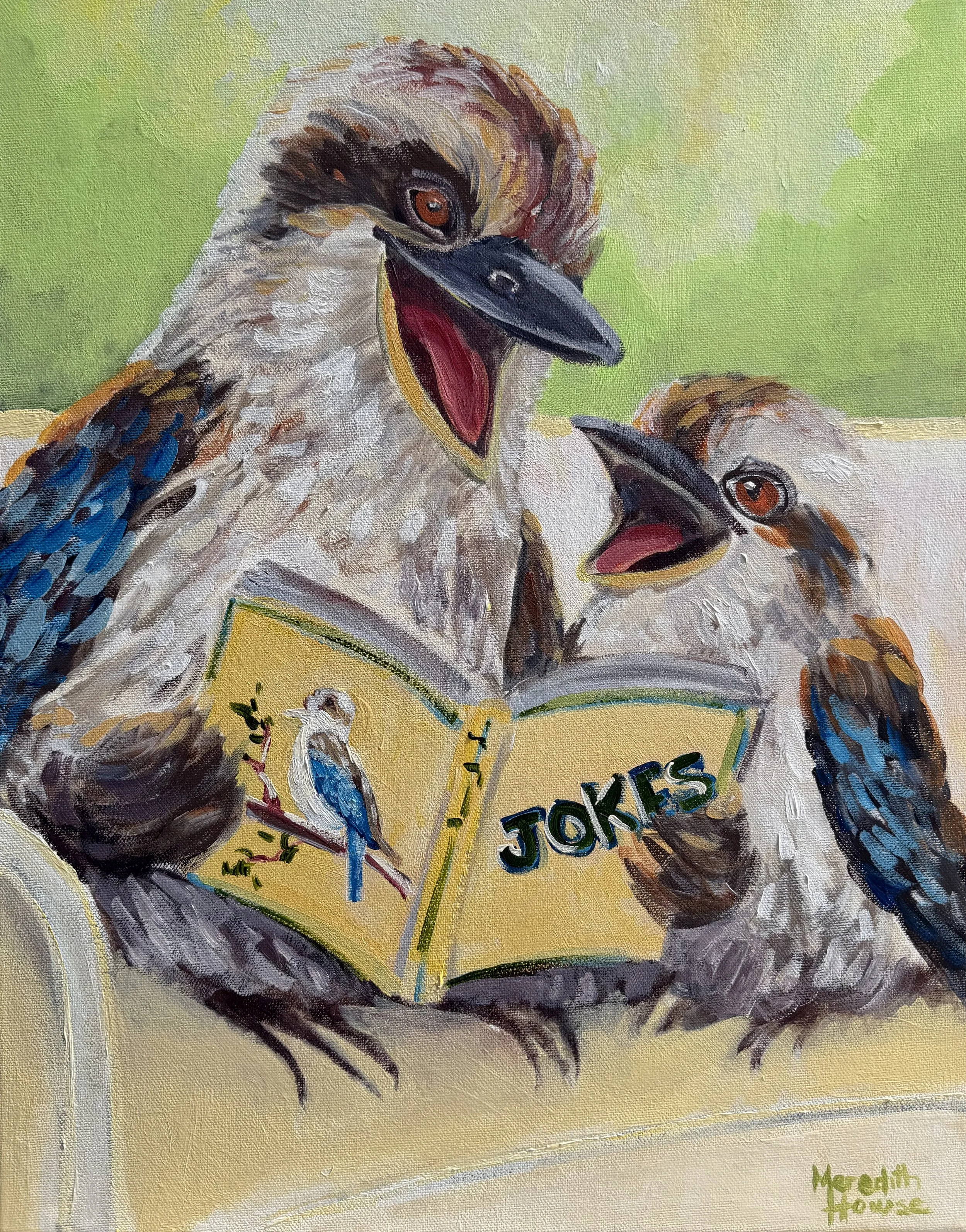 Two Kookaburras laughing over a Joke Book.