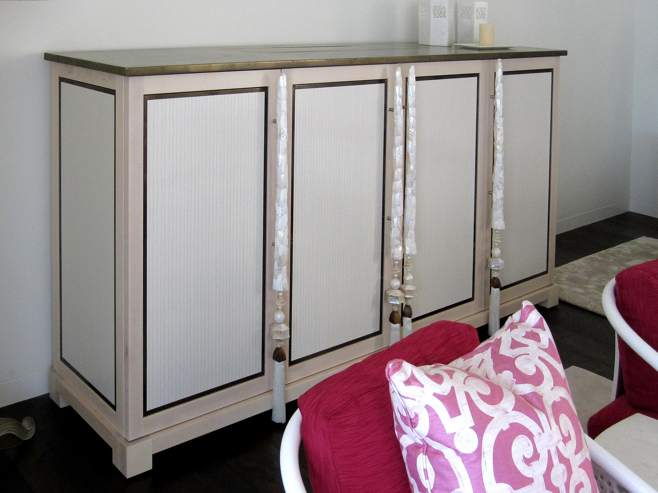 Decorative side cabinet with stone top and inlay door panels