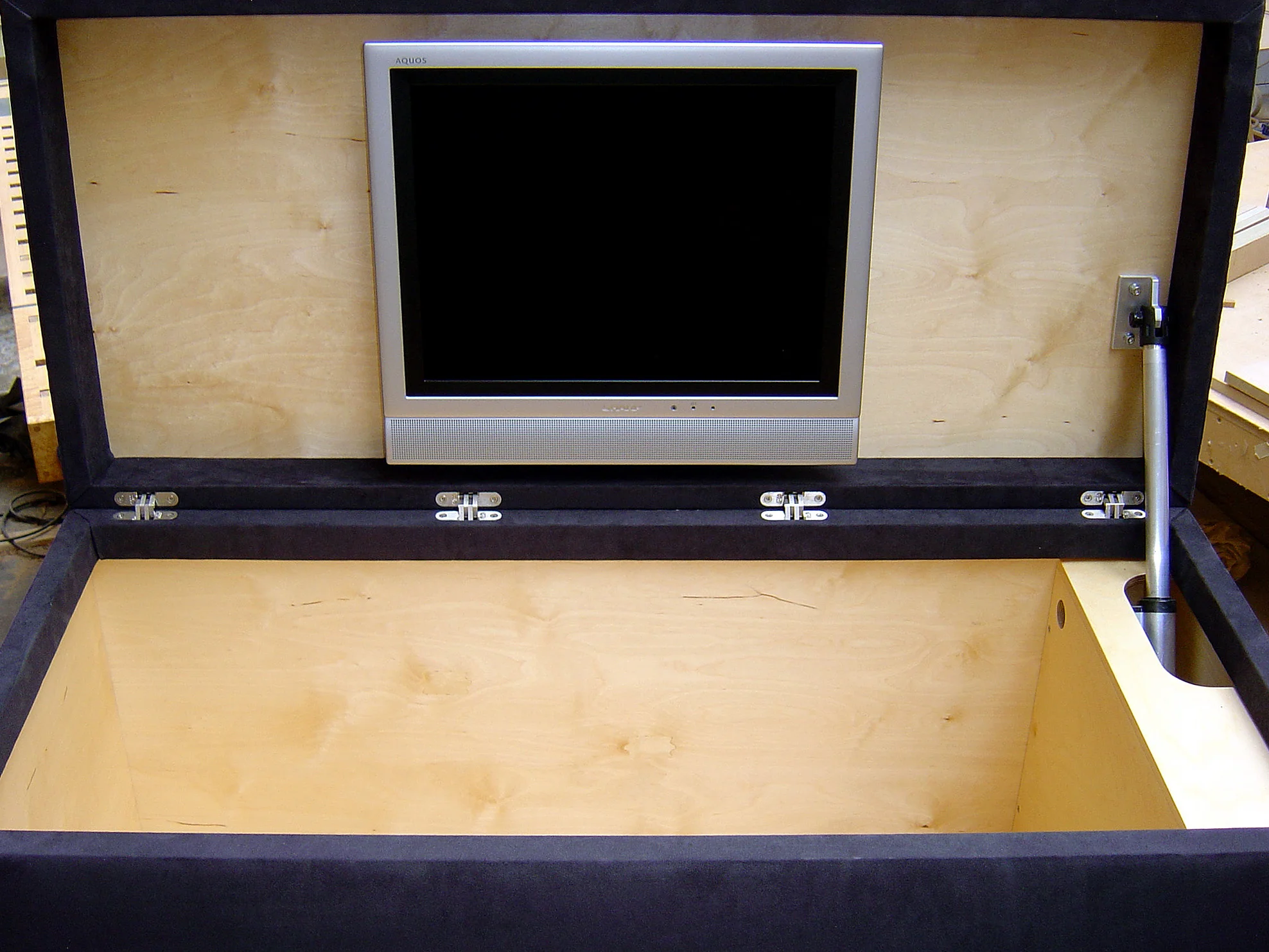 Natural wood interior with concealed mechanism compartment