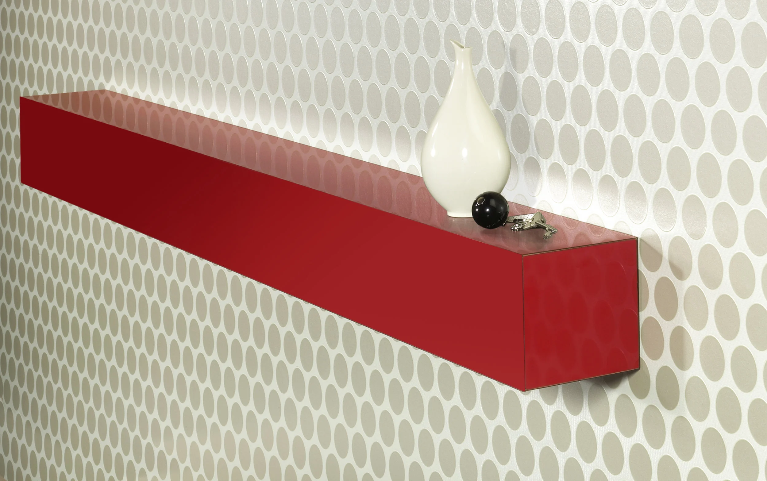 Red laminate Irving Hall &amp; Wall—closedPrice on request for custom orders. Wallpaper: Abbott and Boyd.
