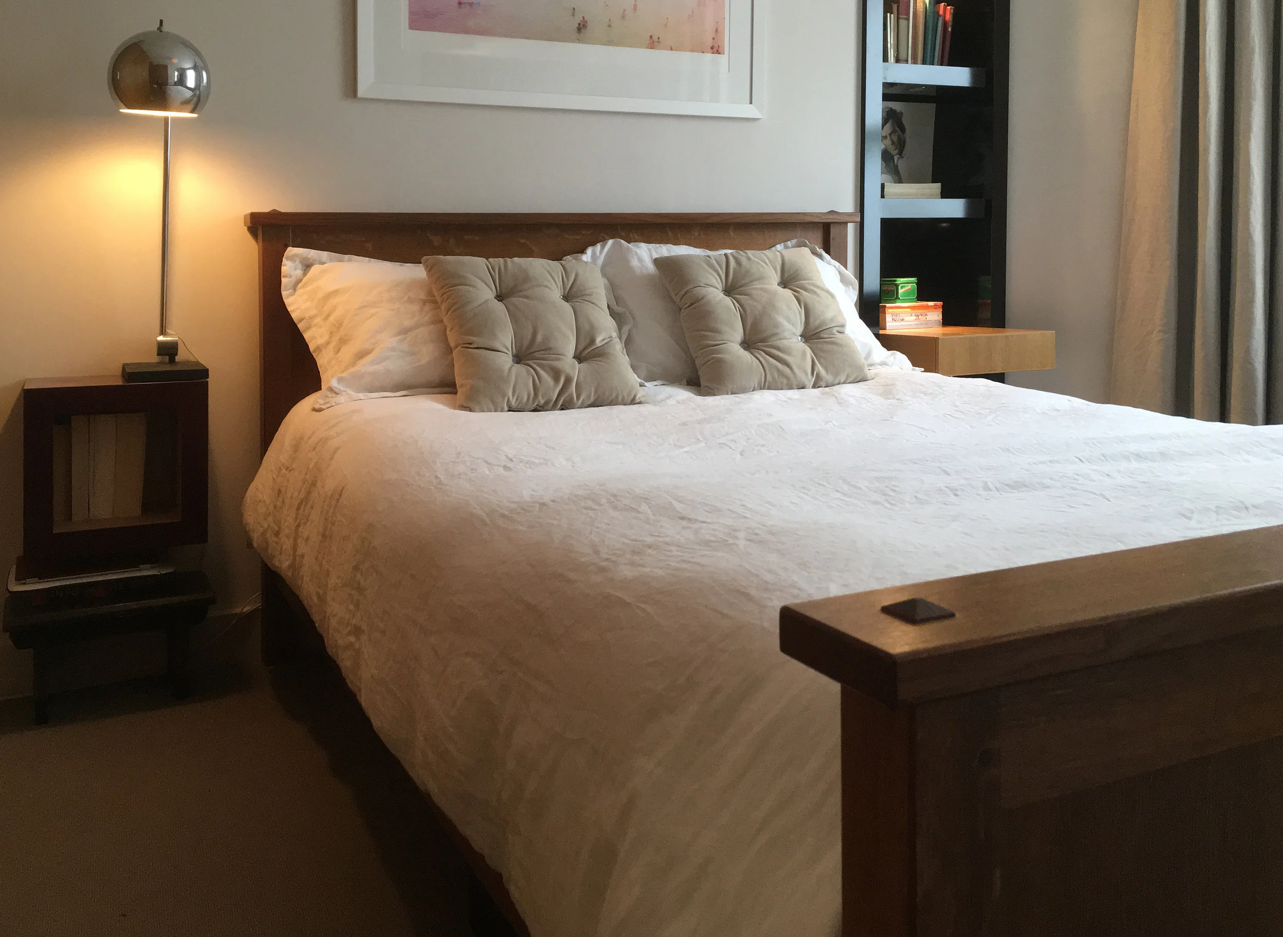 Arts & Crafts style, fumed oak bed with frame-and-panel construction and traditional joinery details