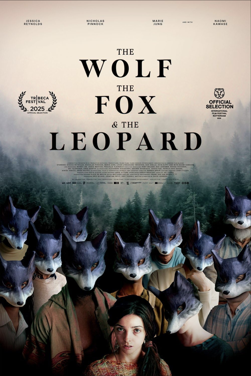 Movie poster for 'The Wolf, The Fox & The Leopard' featuring a group of people wearing wolf masks with a forest background.