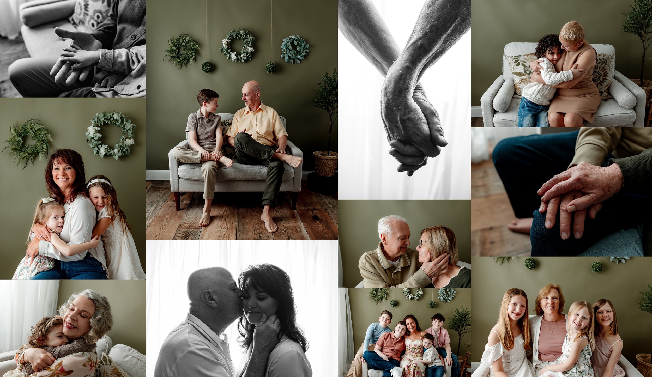 Different pictures with grandparents and grandkids smiling happy and holding each other for a photo session at Tamara Vaz Photographi in Lincoln Park, NJ