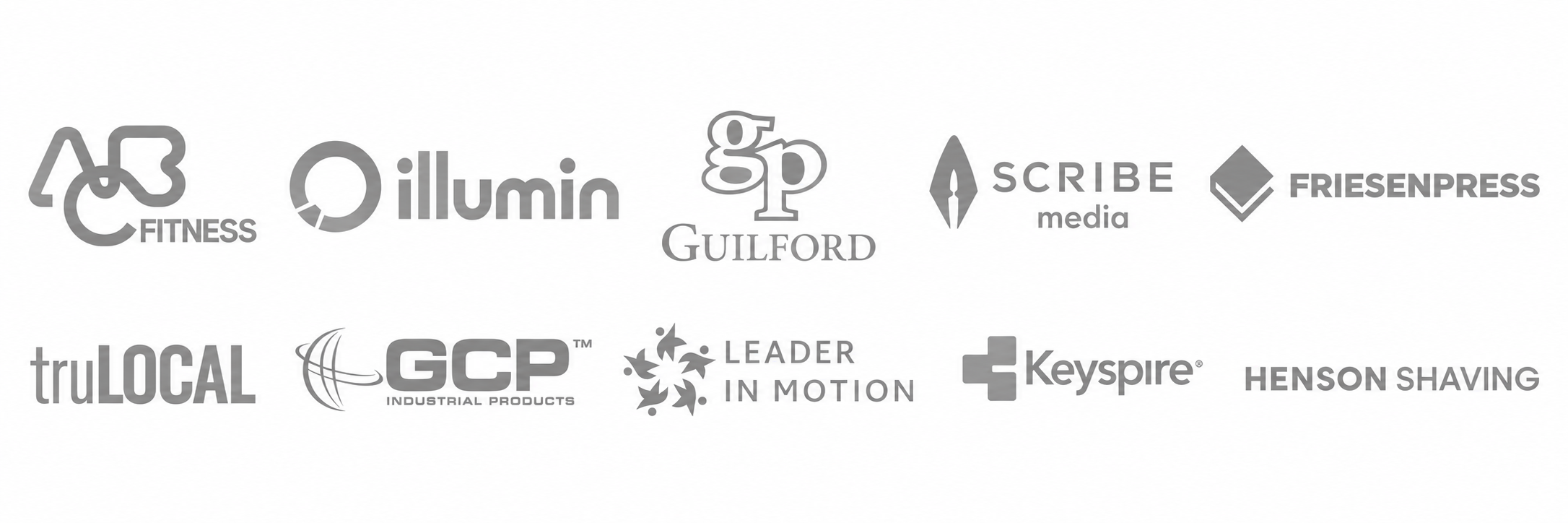Companies Jony Studios has worked with, including ABC Fitness, illumin, Guilford Press, Scribe Media, FriesenPress, truLOCAL, GCP Industrial, Leader in Motion, Keyspire and Henson Shaving.