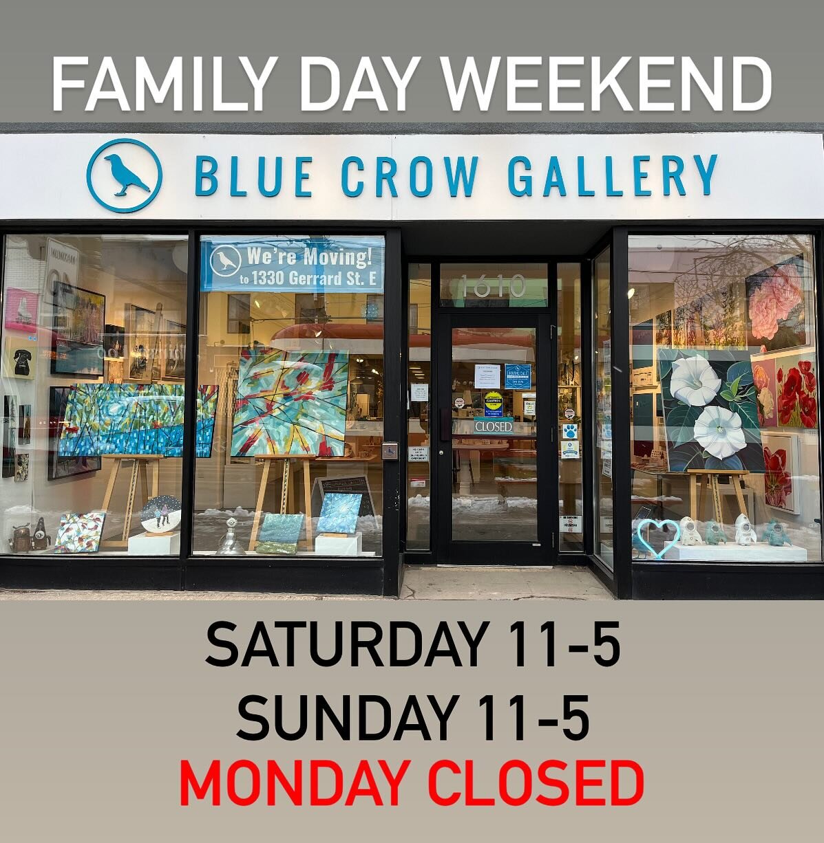 We hope you and your family have a fabulous Family Day Long Weekend! We will be open for you to drop by 
Saturday &amp; Sunday 11-5 and will be CLOSED Monday to spend the day with our families. 
Enjoy 💙