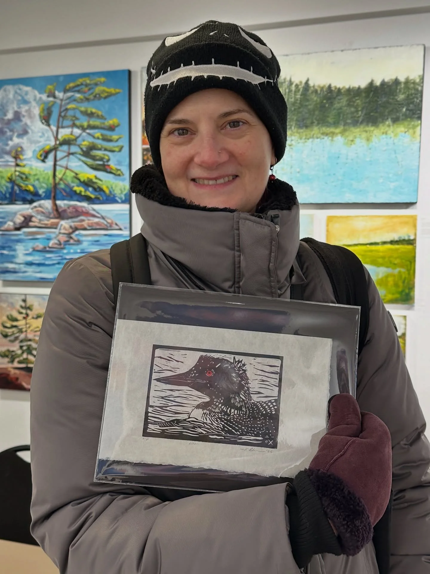 NEW✨ The lovely Exavier Peterson dropped by to bring us her latest lino block print the &ldquo;Loon&rdquo;! 
@expetersonart has a wonderful collection of pieces available @bluecrowgallery . These beautiful prints make wonderful gifts. Be sure to drop