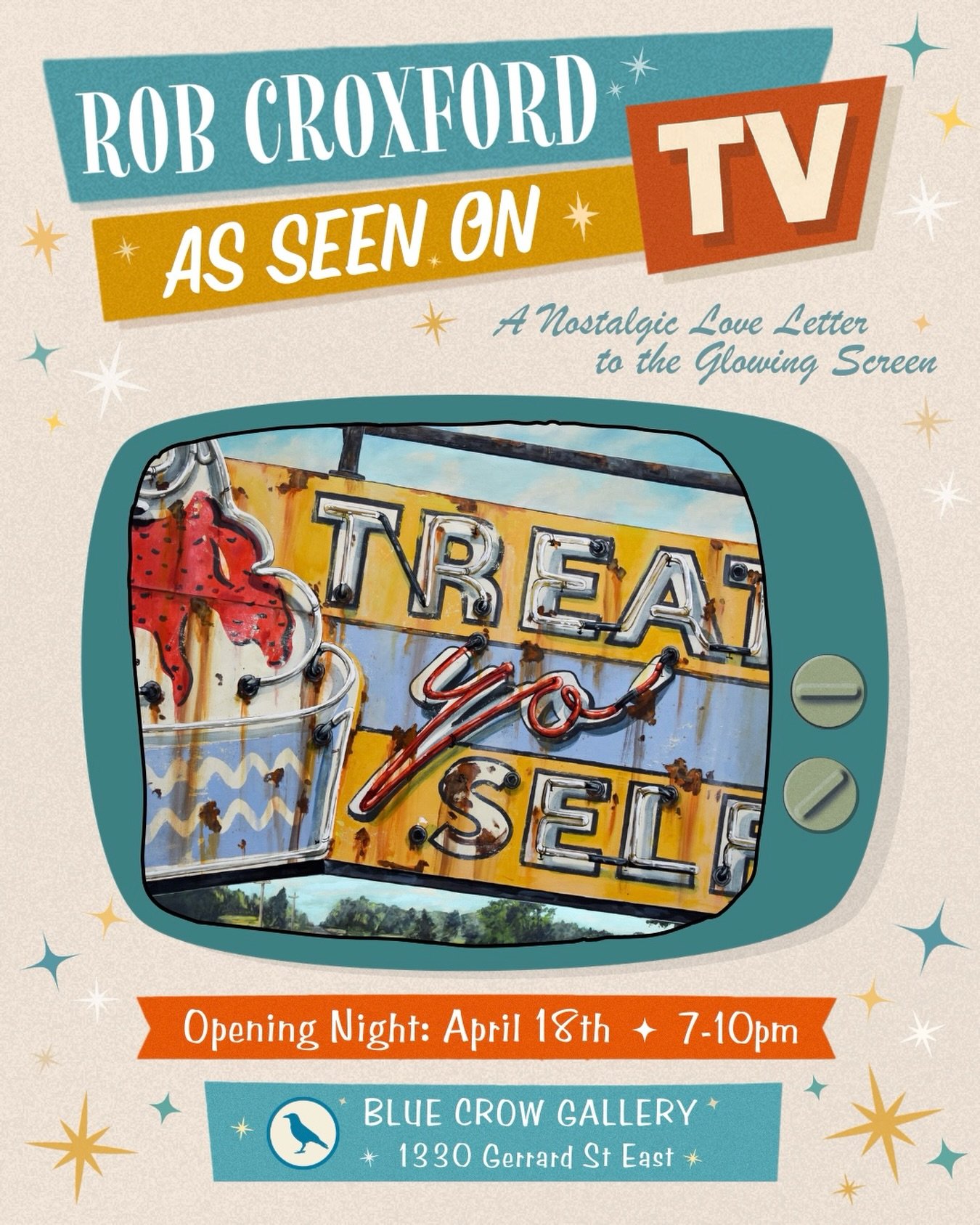 ✨SAVE THE DATE✨
As Seen On TV 📺 is our upcoming solo show by Toronto artist Rob Croxford !! A nostalgic love letter to the glowing screen. This fabulous new collection of paintings by @robcroxford will feature some of your favourite TV quotes with a