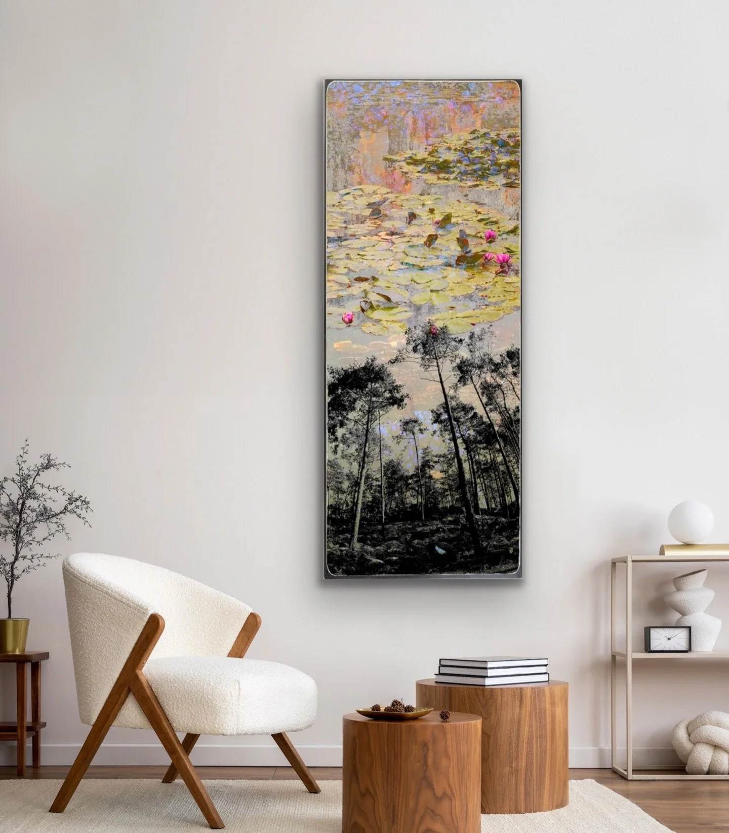 NEW✨ The sun is out and after all the rain lately it is welcomed with open arms! This spring brought some gorgeous new pieces by Jessica Lin to the gallery. We are loving this new artwork that features silhouettes of tall trees in front of the beauti