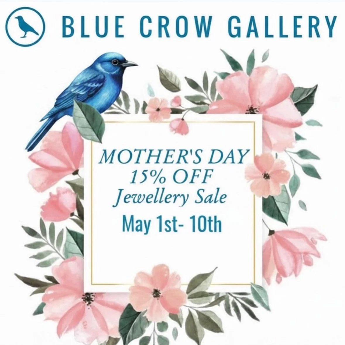 🌸Mother&rsquo;s Day is just around the corner and we are here to help you celebrate! Blue Crow Gallery is offering 15% off all jewellery May 1-10th ! So come on by the gallery and we can help you find the perfect treat for mom to show your gratitude