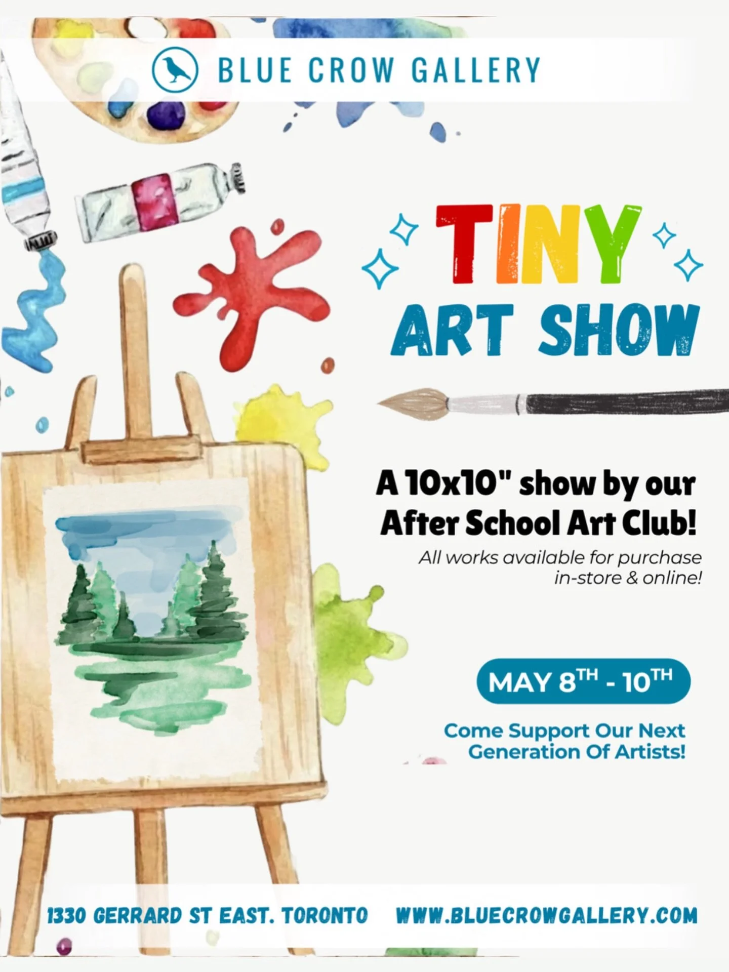 I am thrilled to announce that we are having our first Tiny Art Show featuring artworks by our young artist a part of the After School Art Club at Blue Crow Gallery.
The children Gr. 1  to Gr. 8 have each created a 10 x 10&ldquo; artwork that will be