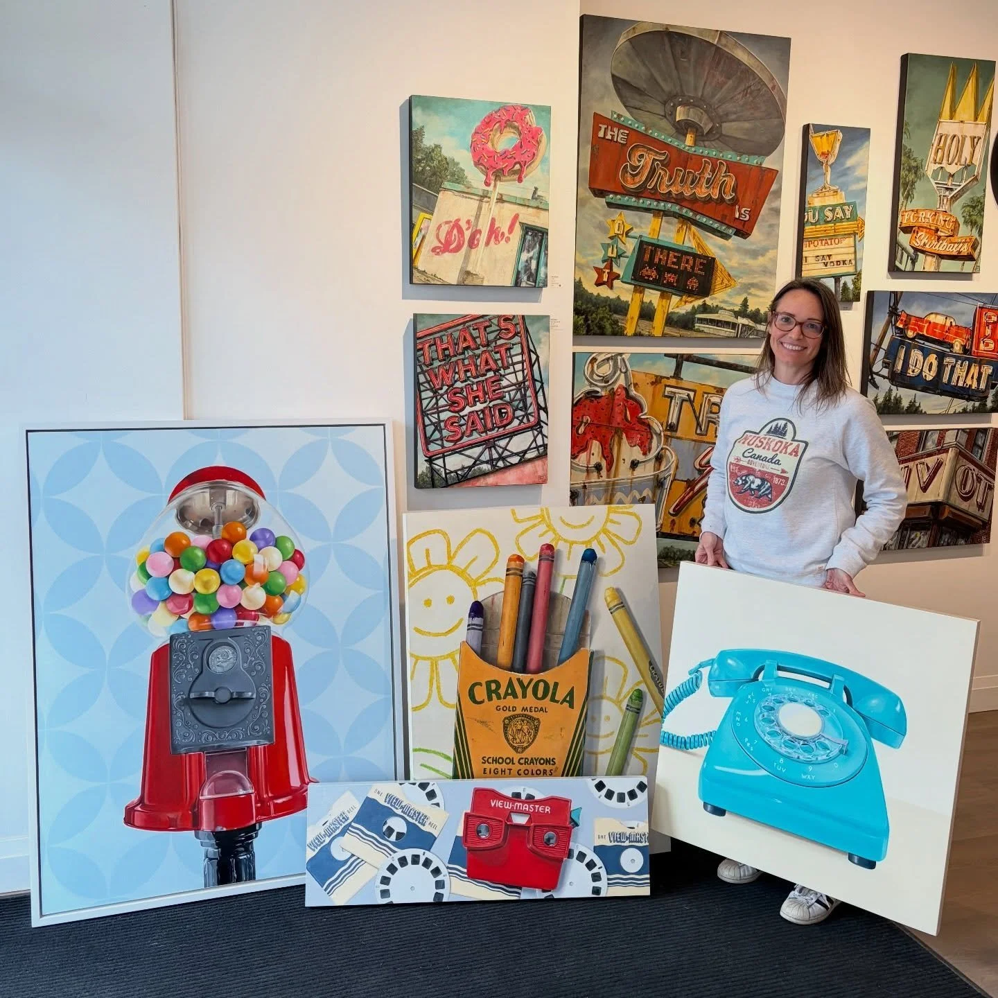 We are thrilled to have beautiful new works in the gallery by Erin Wheatley! These retro oil paintings are so wonderful and even more fabulous in person.

Each of these realism paintings are filled with nostalgia and sure to add some fun to your spac
