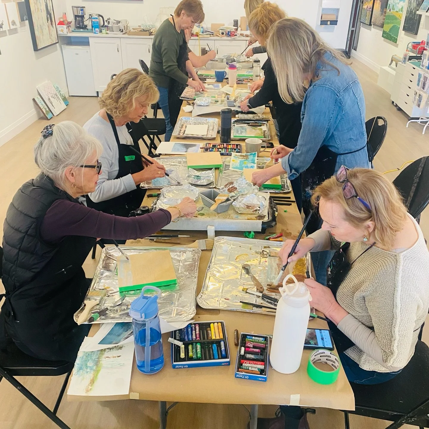 This weekend we had the pleasure of hosting two workshops with Ann Shire in the gallery. Everyone had a wonderful time working with @annshier and learning all about the encaustic process. So many fun pieces created. These encaustic painting workshops