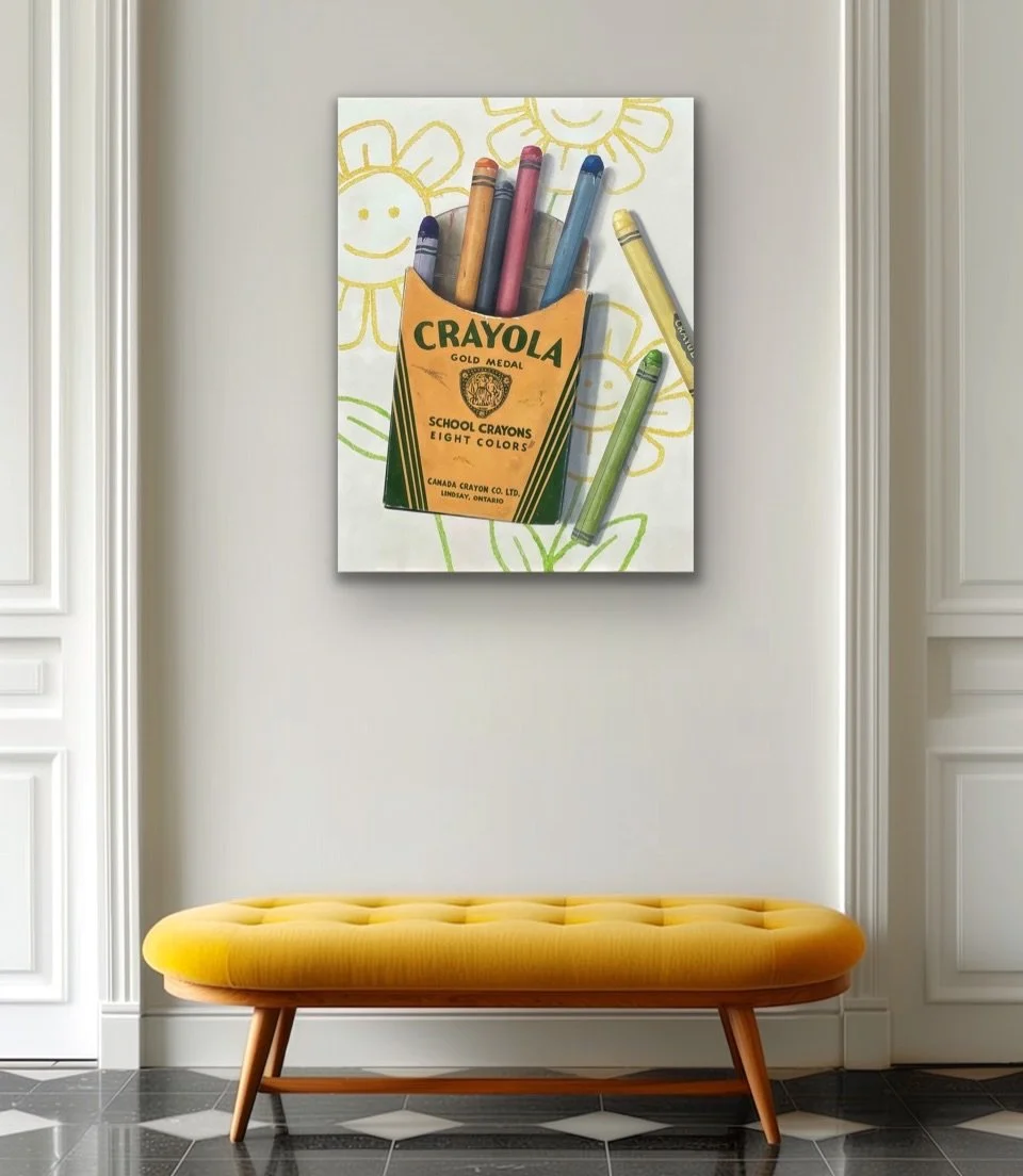NEW✨ I absolutely adore this new painting that has come in by Erin Wheatley. So many wonderful childhood memories of crayon boxes that brought me hours of joy coloring. I remember getting a super deluxe box one Christmas with the built-in sharpener&h