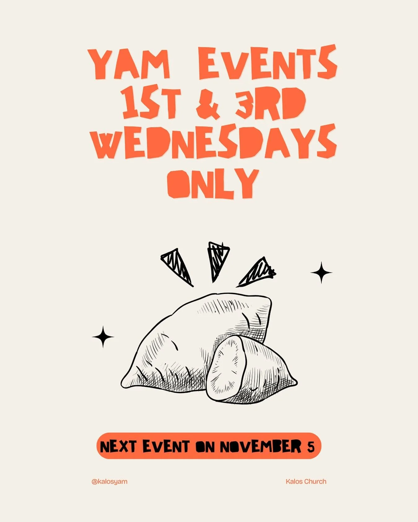 🚨NO YAM service this Wednesday! As a reminder, YAM events happen on the 1st and 3rd Wednesdays each month.

And yep - even when a month has 5 Wednesdays, we still stick with the 1st and 3rd! 🙂 See you next week at 7pm! We are so excited to worship 