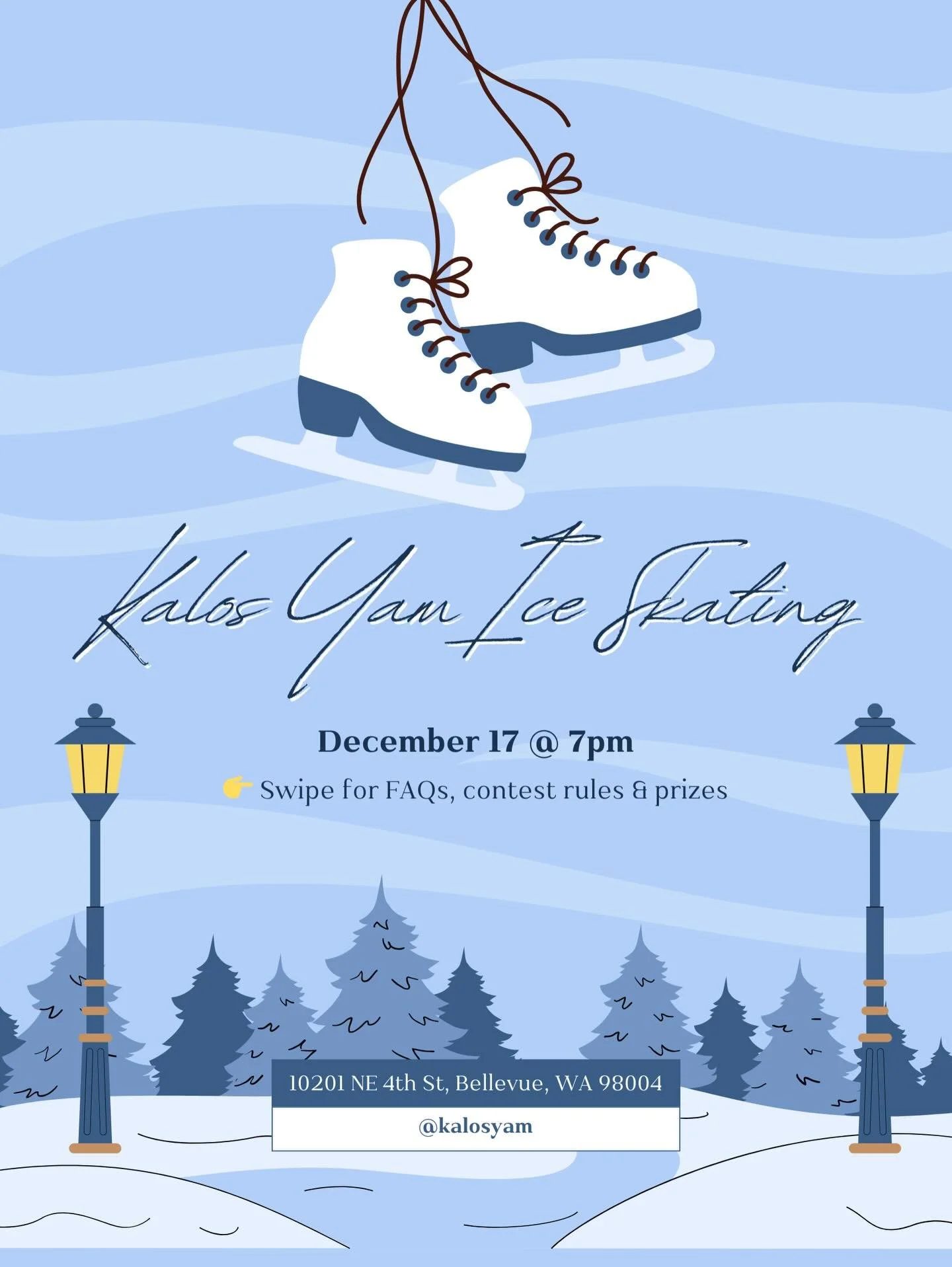 ⛸️KALOS YAM ICE SKATING⛸️

🗓️: This Wednesday, December 17th
🕖: 7pm
📍: Bellevue Ice Rink

Swipe right for the FAQs, ugly Christmas sweater contest rules, and prizes! We can&rsquo;t wait to see your festive sweaters in action. 🎄

Since the prizes 
