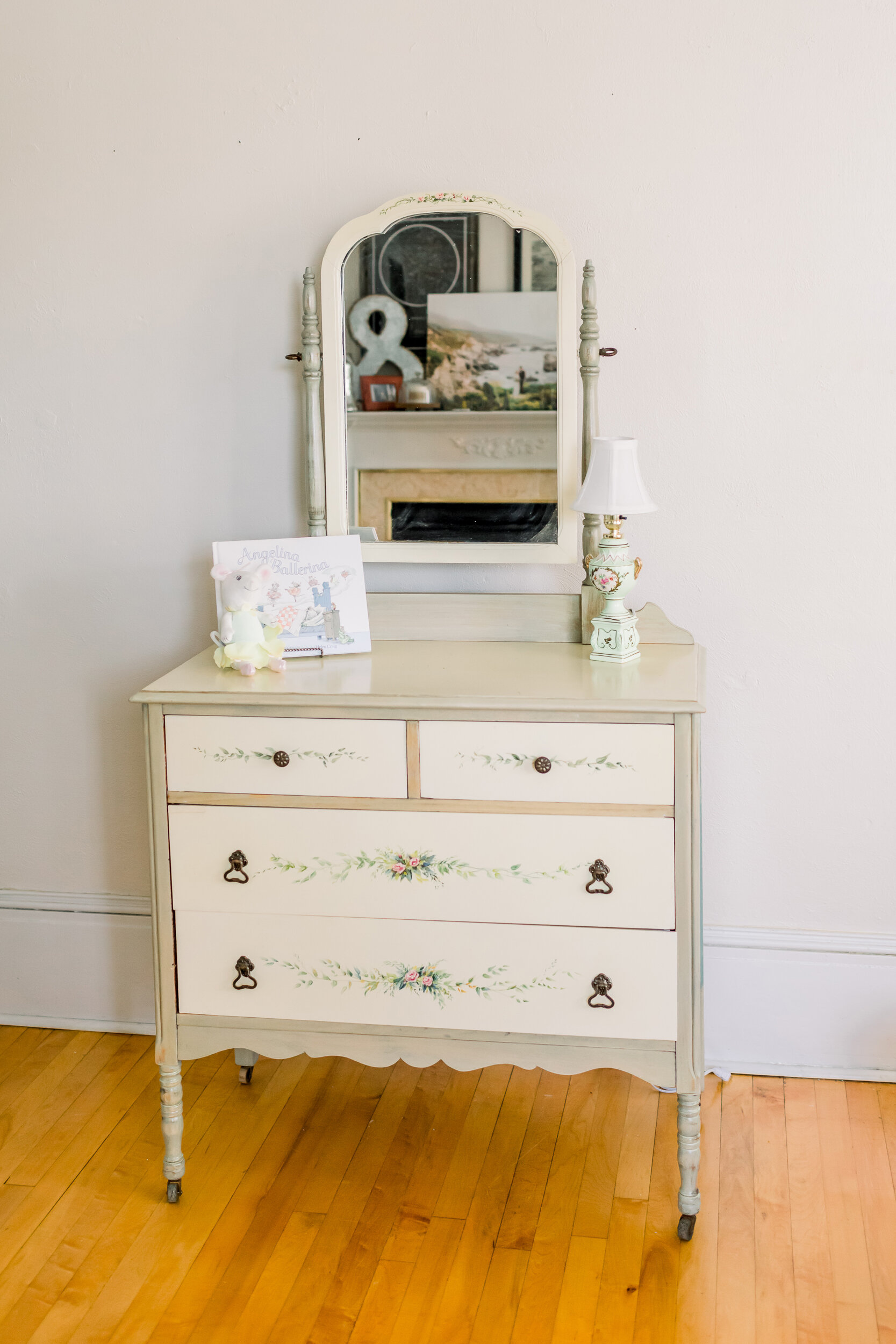 Vintage Cream And Sage Hand Painted Four Drawer Dresser With