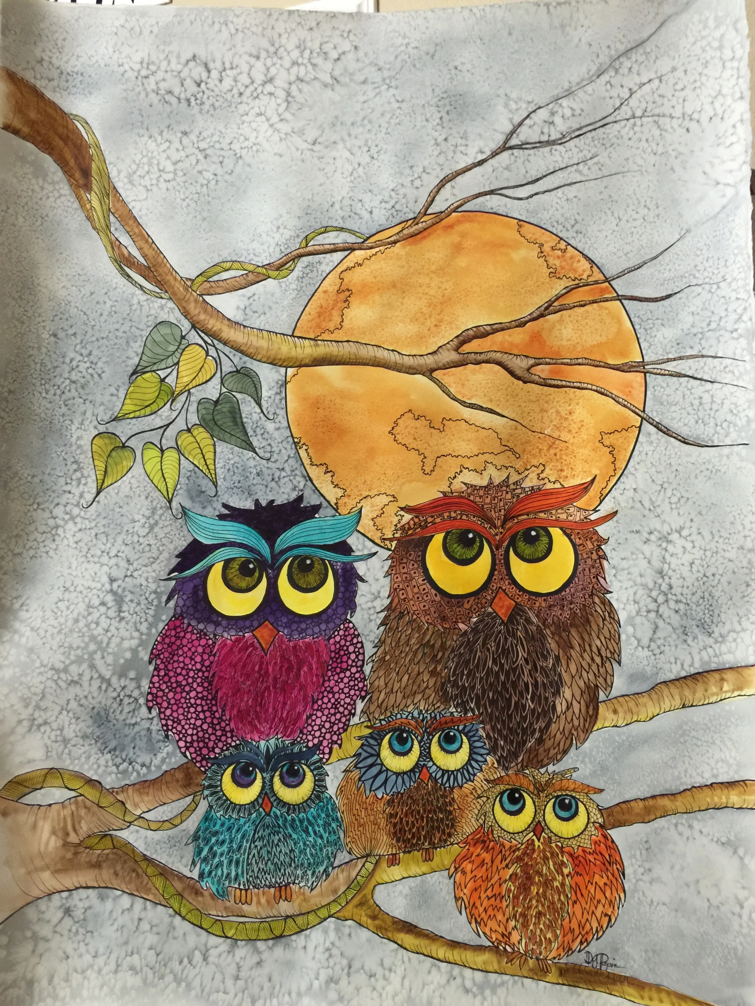 Owl Family Doodle Art 24 x 36 Framed $ SOLD