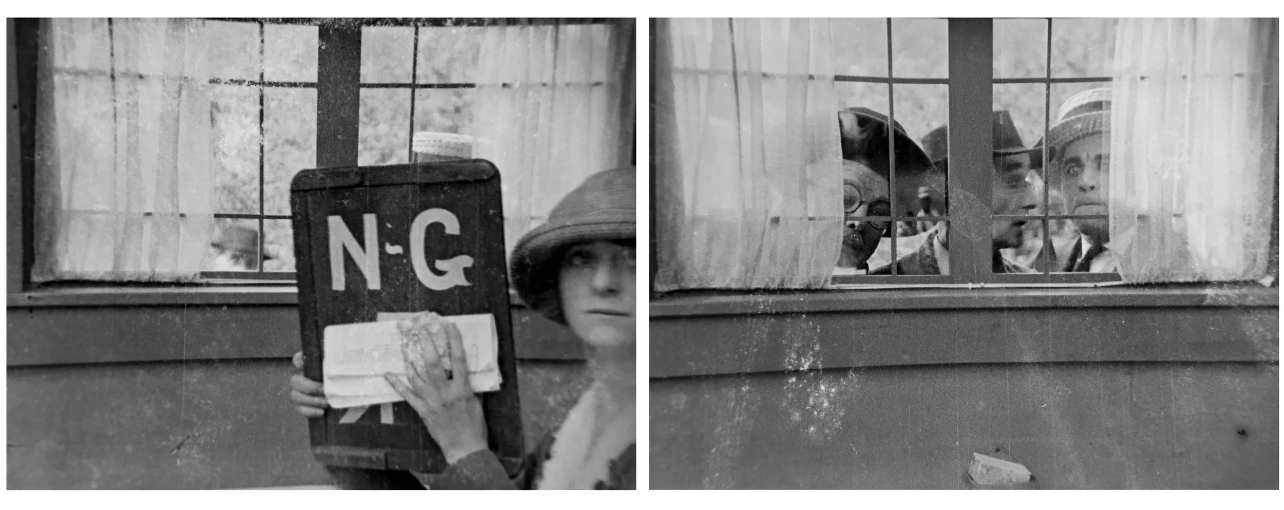 "Where Are Your Husbands?" From the personal effects of Billy B. Van. This two foot long outtake from a professional film production shows an actress holding a camera slate noting, likely, that the previously scene was "no good." The next scene shows men in hats shot through a window. Actors unknown. 35mm Kodak negative nitrate motion picture film manufactured in 1919. Courtesy of the Newport Historical Society. Used with permission.