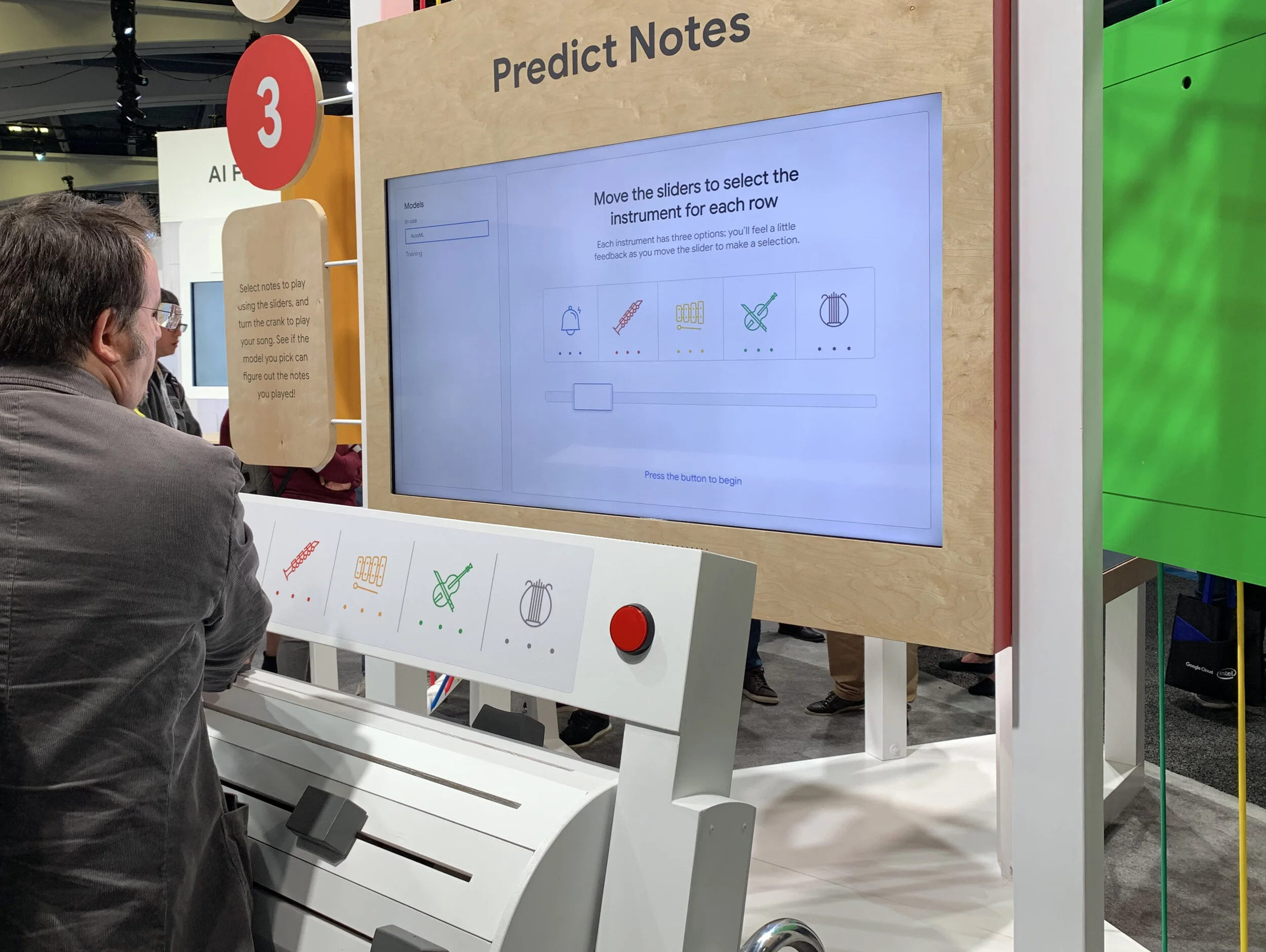 At the third station, attendees test the effectiveness of their model by composing and playing a song on the large-scale music box. Detents on each slider provide tactile feedback for an enhanced note composing experience.