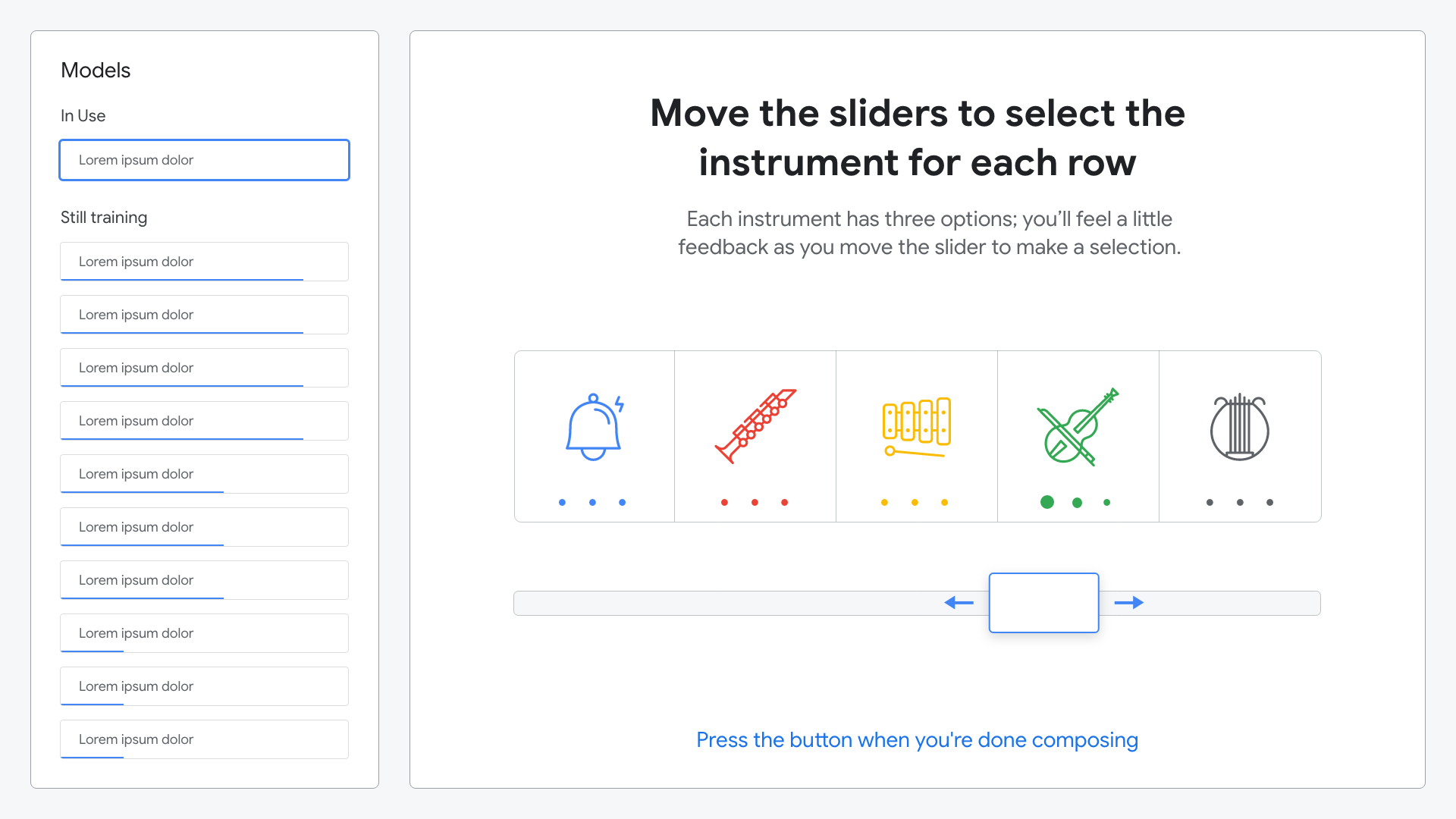 A simple animation guides attendees through through instrument selection.