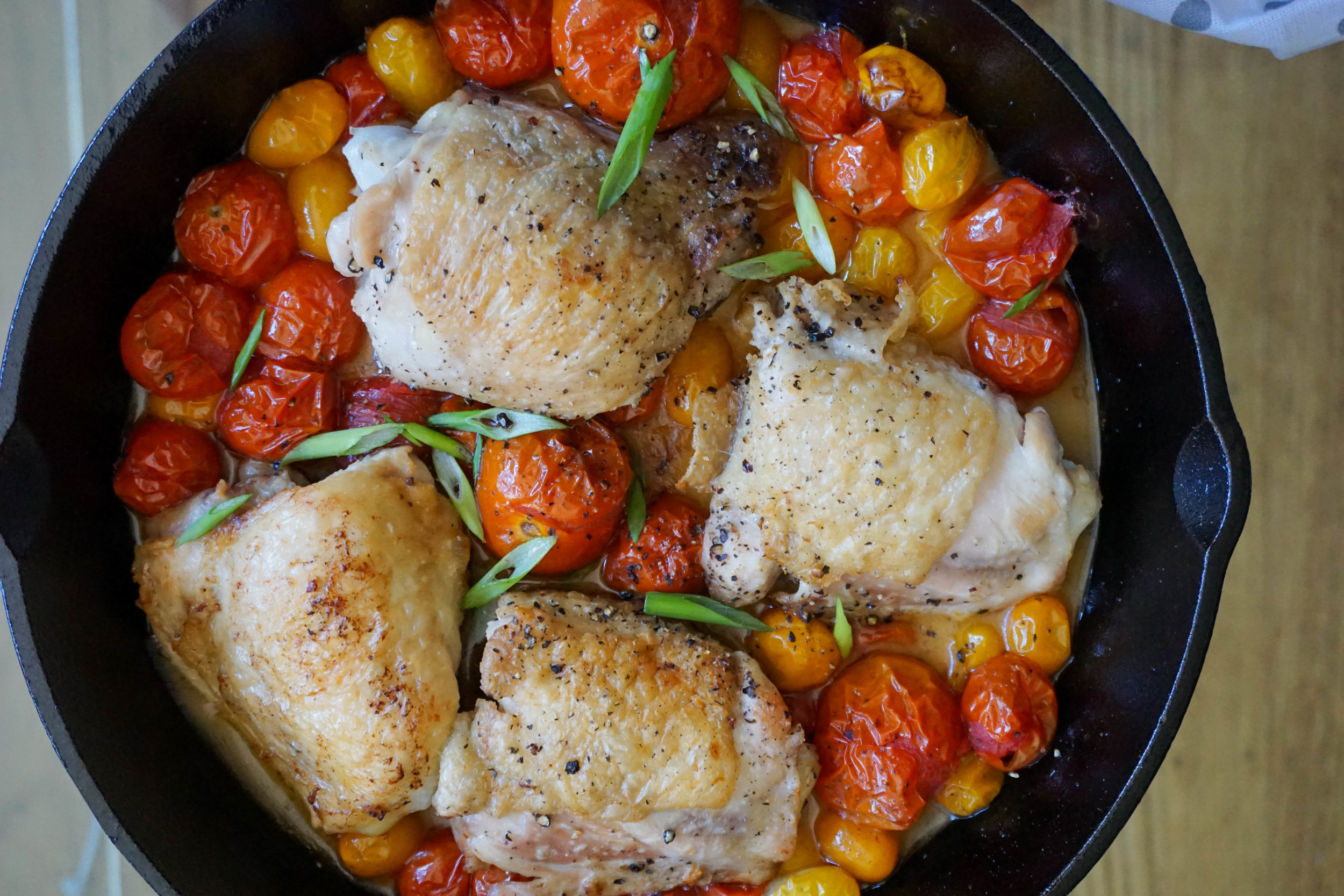 Roasted Chicken Thighs and Cherry Tomatoes