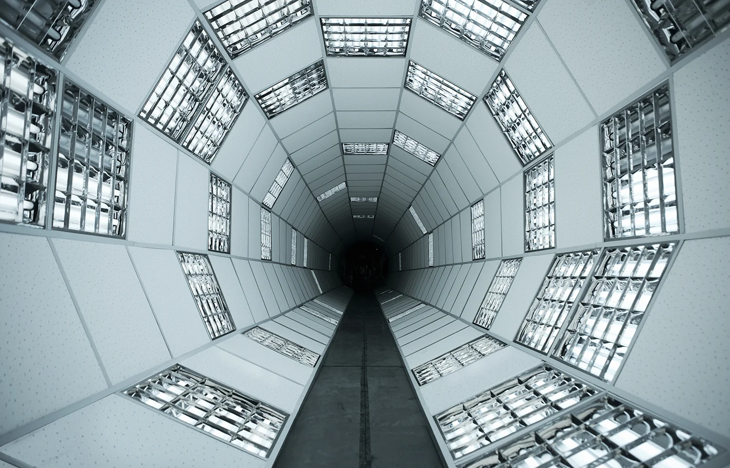 The tunnel, which is dark in one end and full of blinding light in the other. The exit is veiled. Time to say goodbye 2011, installation. Suspended ceiling, raster lamps. 35mx3m