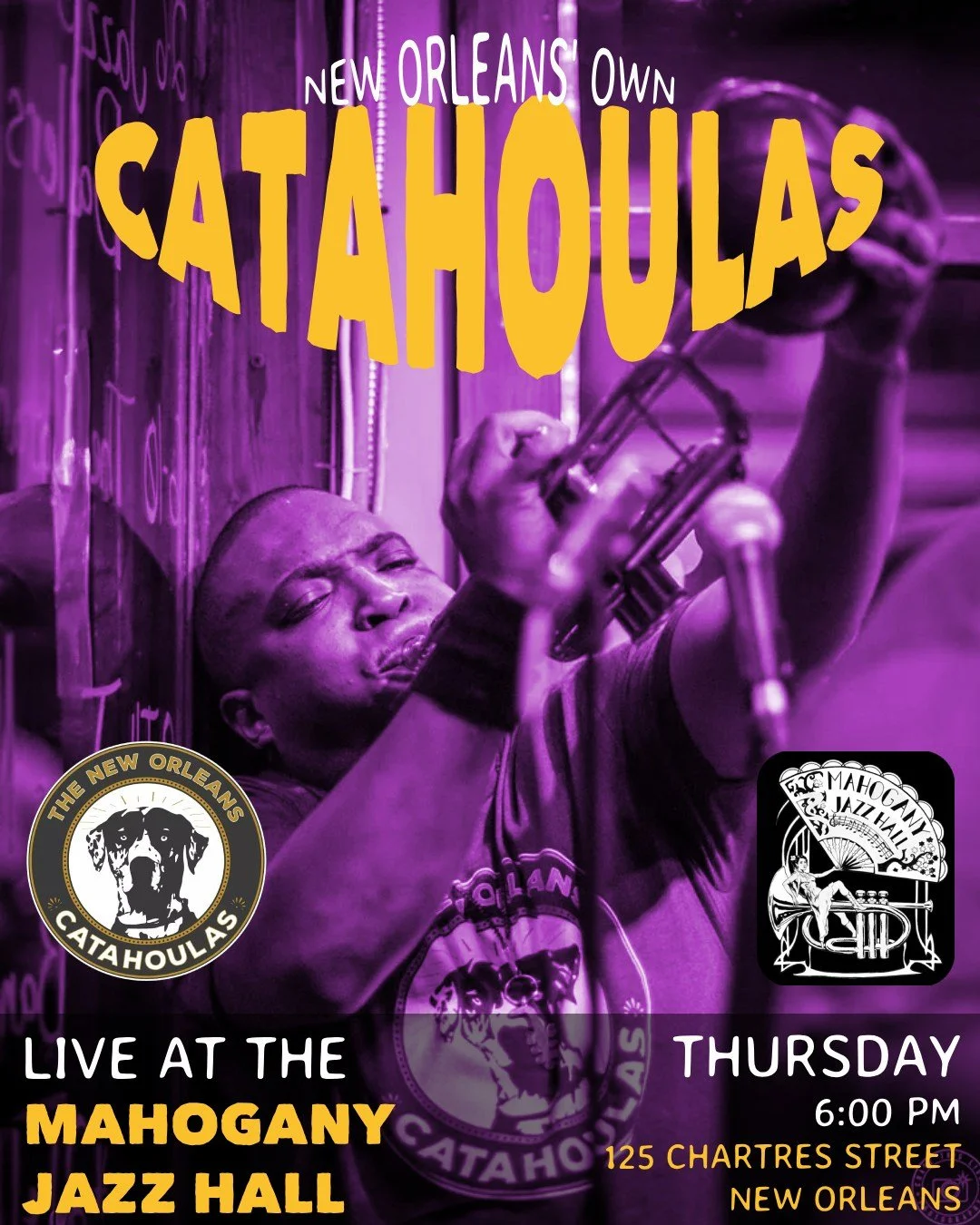 THURSDAY!! Stop by the Mahogany Jazz Hall for some of that classic New Orleans live music. We're on at 6, see ya there!
🎷🎷

 #neworleansmusic #neworleanscatahoulas #oldschoolrnb #livemusicnola