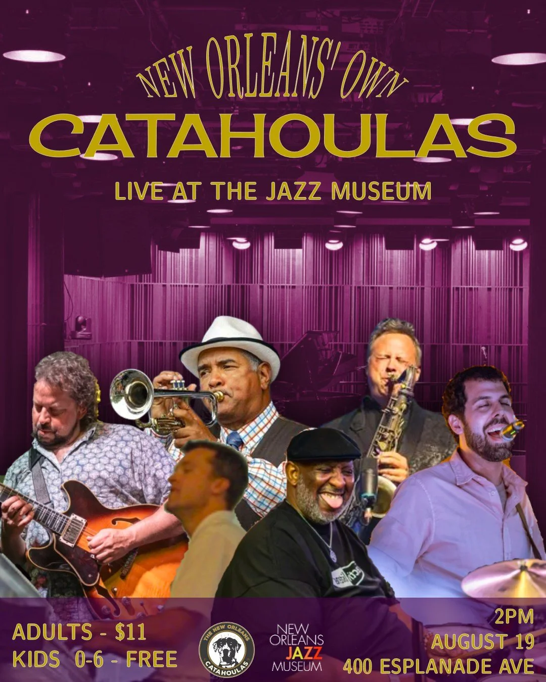 COME ONE, COME ALL!
Wednesday, August 19th we'll be performing at the @nolajazzmuseum  at 2pm.
Pull up for a good time, kids ages 0-6 get in free!!

 #neworleansmusic #livemusicnola #nolajazz #NOLAJazzMuseum #neworleanscatahoulas