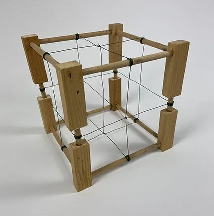 #247 wood, dowels, thin wire grid, 6"x6"x6", 2025