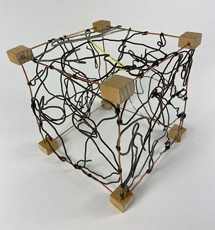 #255 wood, copper frame, raw wire, yellow wire, 6"x6"x6", 2025