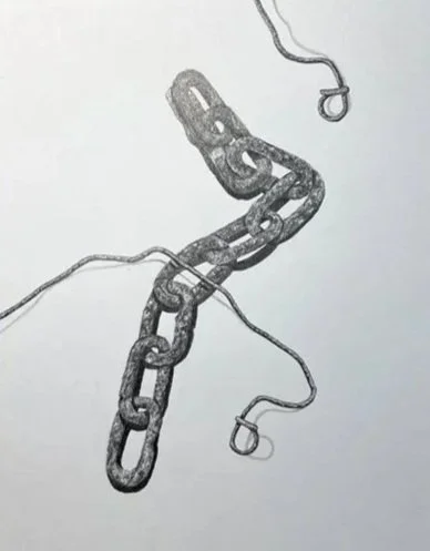 #239 graphite drawing, chain, 2 pigtails, 8"x10". 2023
