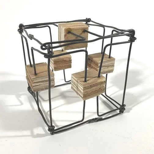 Marfa Wire #291, 3"x3"x3", raw wire, 5 wood cubes, 5-14-26
