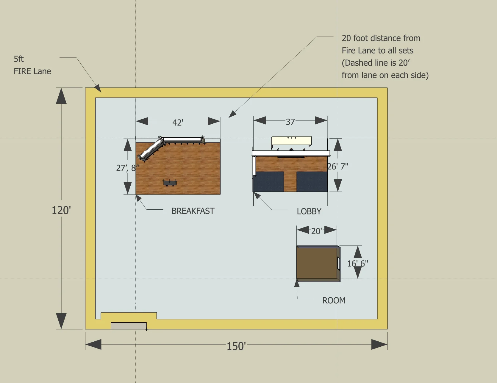 Stage layout for construction of the hotel sets.