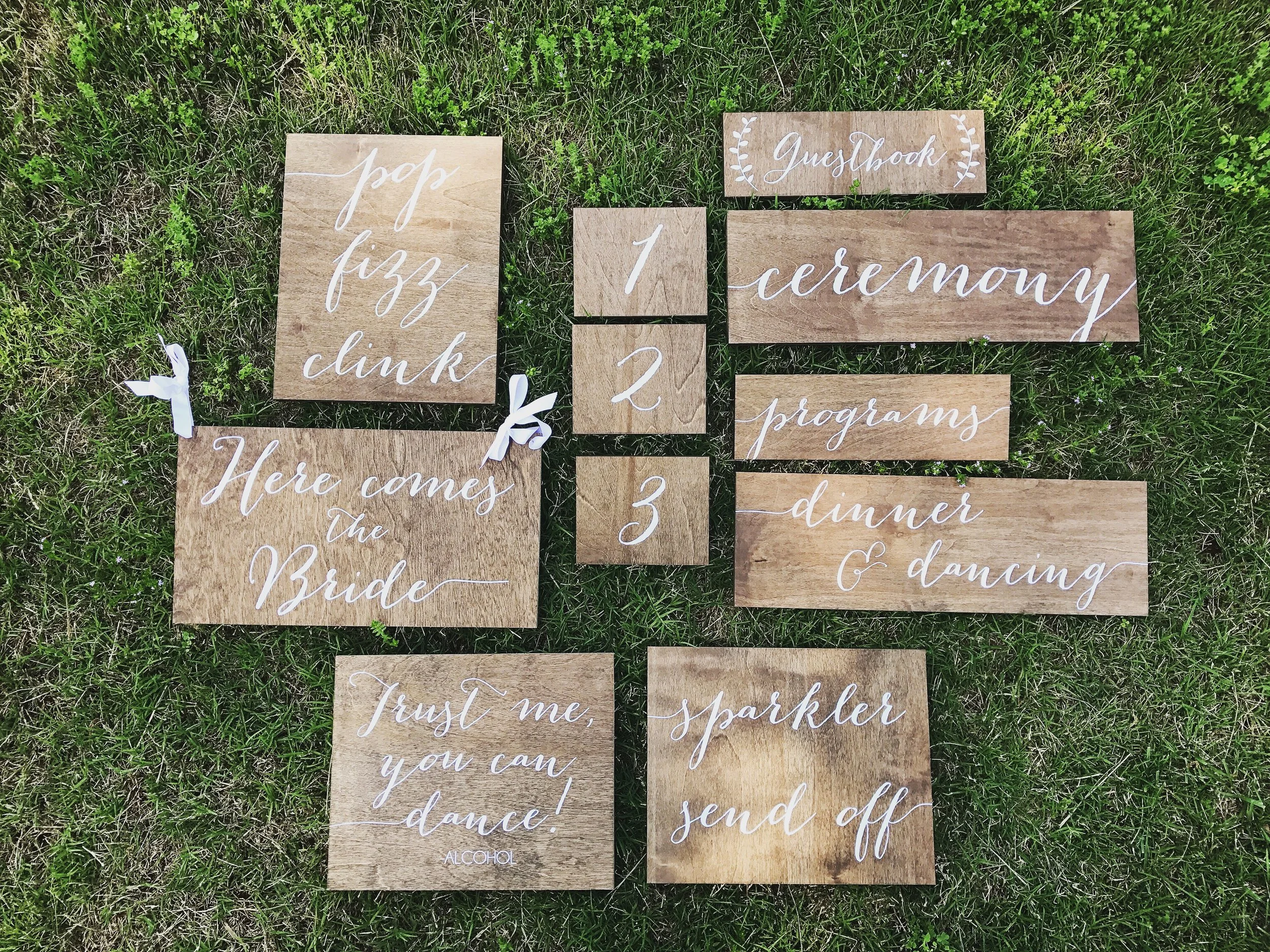 "Pop, Fizz, Clink", "Here Comes the Bride", "Trust Me You Can Dance!", Tables Numbers 1-25, "Guestbook", "Ceremony" arrow, "Programs", "Dinner and Dancing" arrow, "Sparkler Send Off"