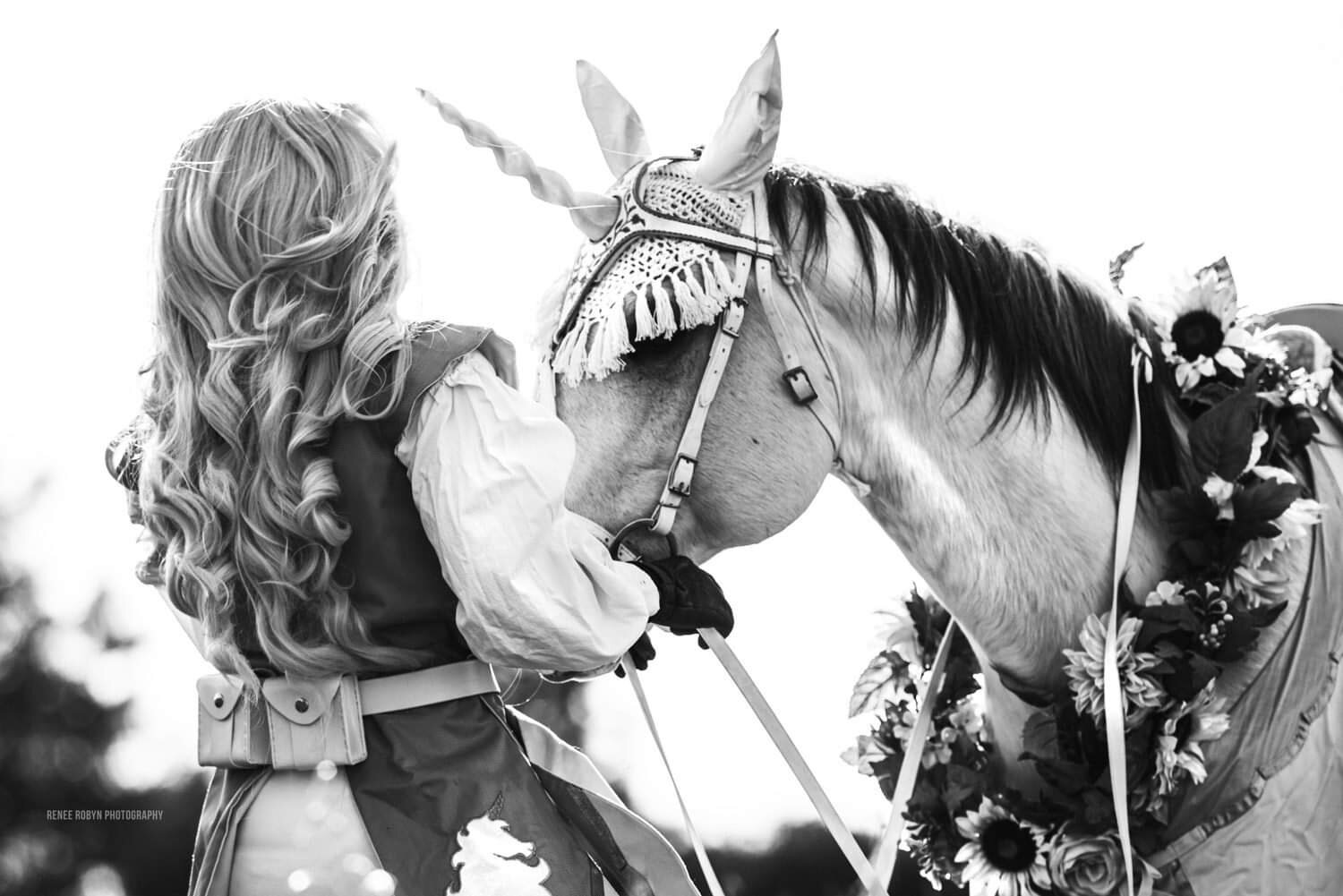 Renee Robyn - Black White Photo of Medieval Unicorn Editorial with Woman Fantasy Lady Knight.jpeg