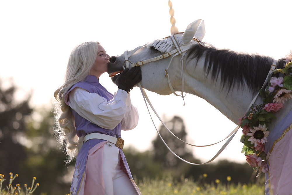 Virginia Hankins woman knight in pink and purple medieval times costume los angeles kissing unicorn horse - Renee Robyn.jpg